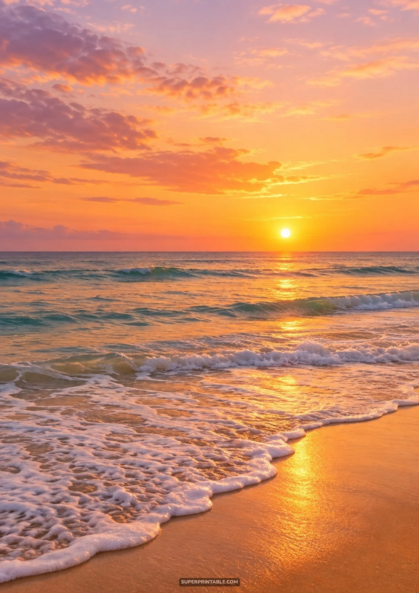 Golden sunset glowing over gentle ocean waves washing onto wet beach sand