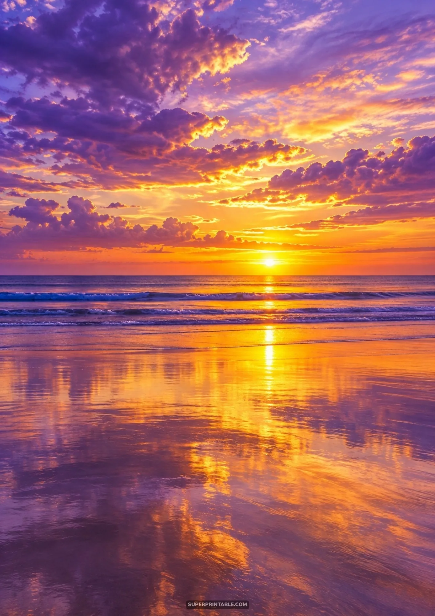 Summer beach digital backgrounds sunset with purple clouds and wet reflections