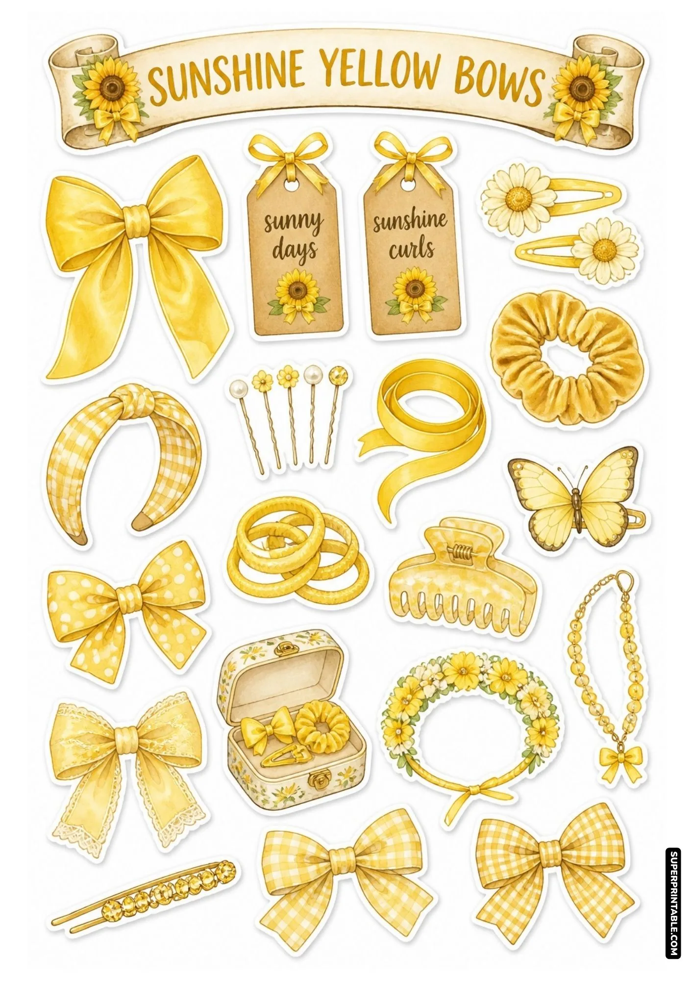 Sunshine yellow hair bows stickers with daisy hair clips, butterfly pin, and floral headband.