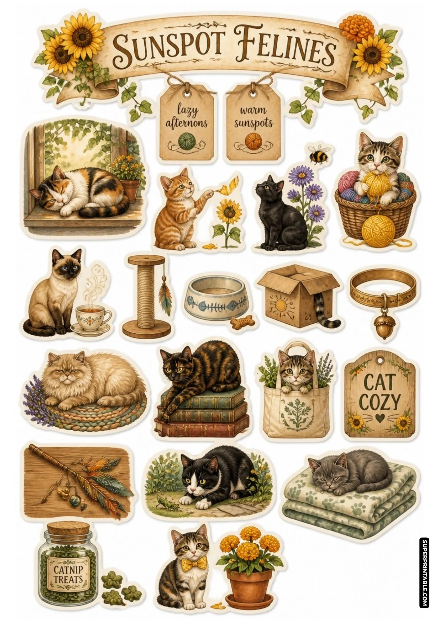 Cozy cat sticker sheet with felines sleeping in sunspots and playing with yarn balls.