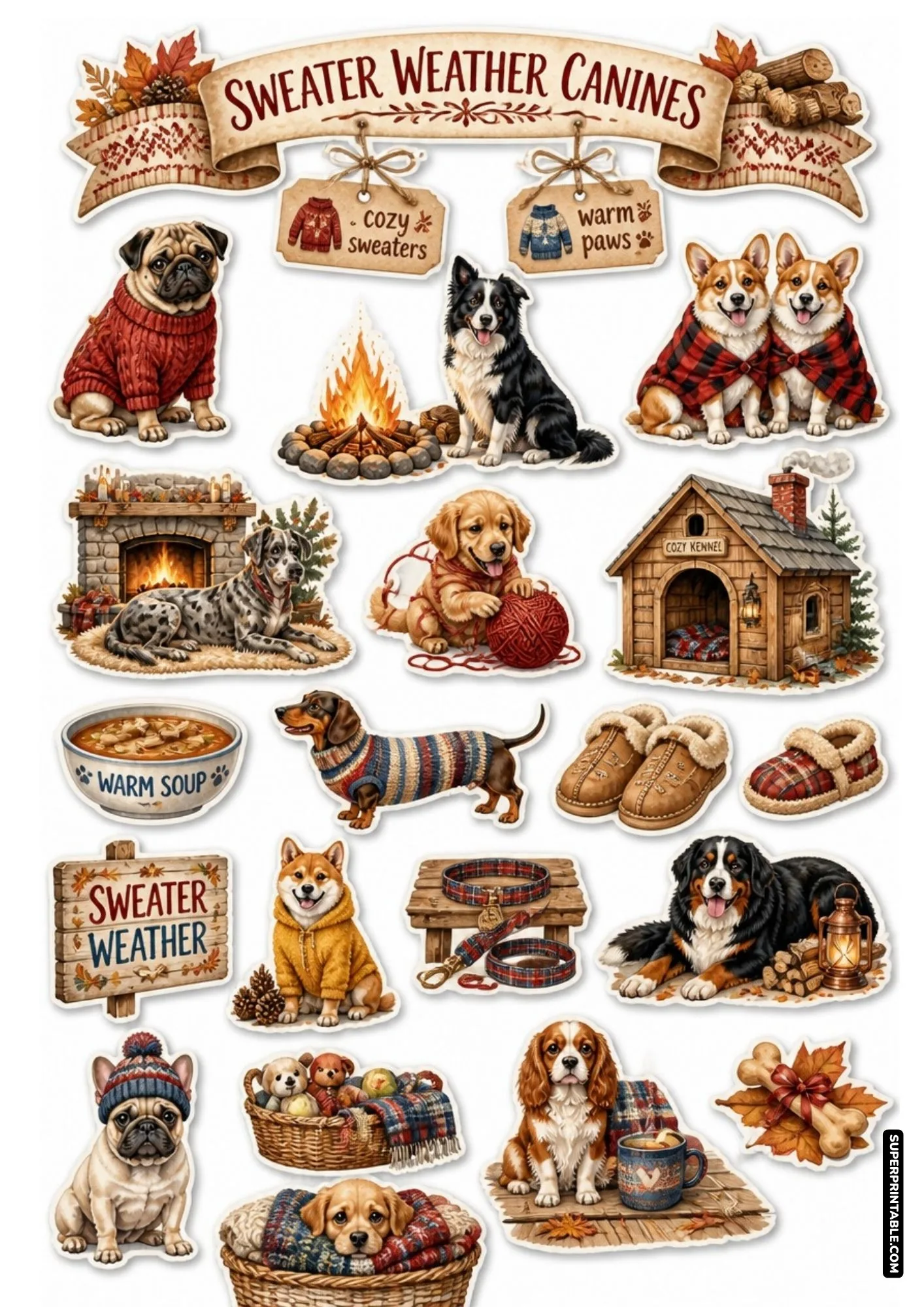 Winter dog sticker sheet featuring cozy pugs and corgis dressed in warm knitted sweaters.