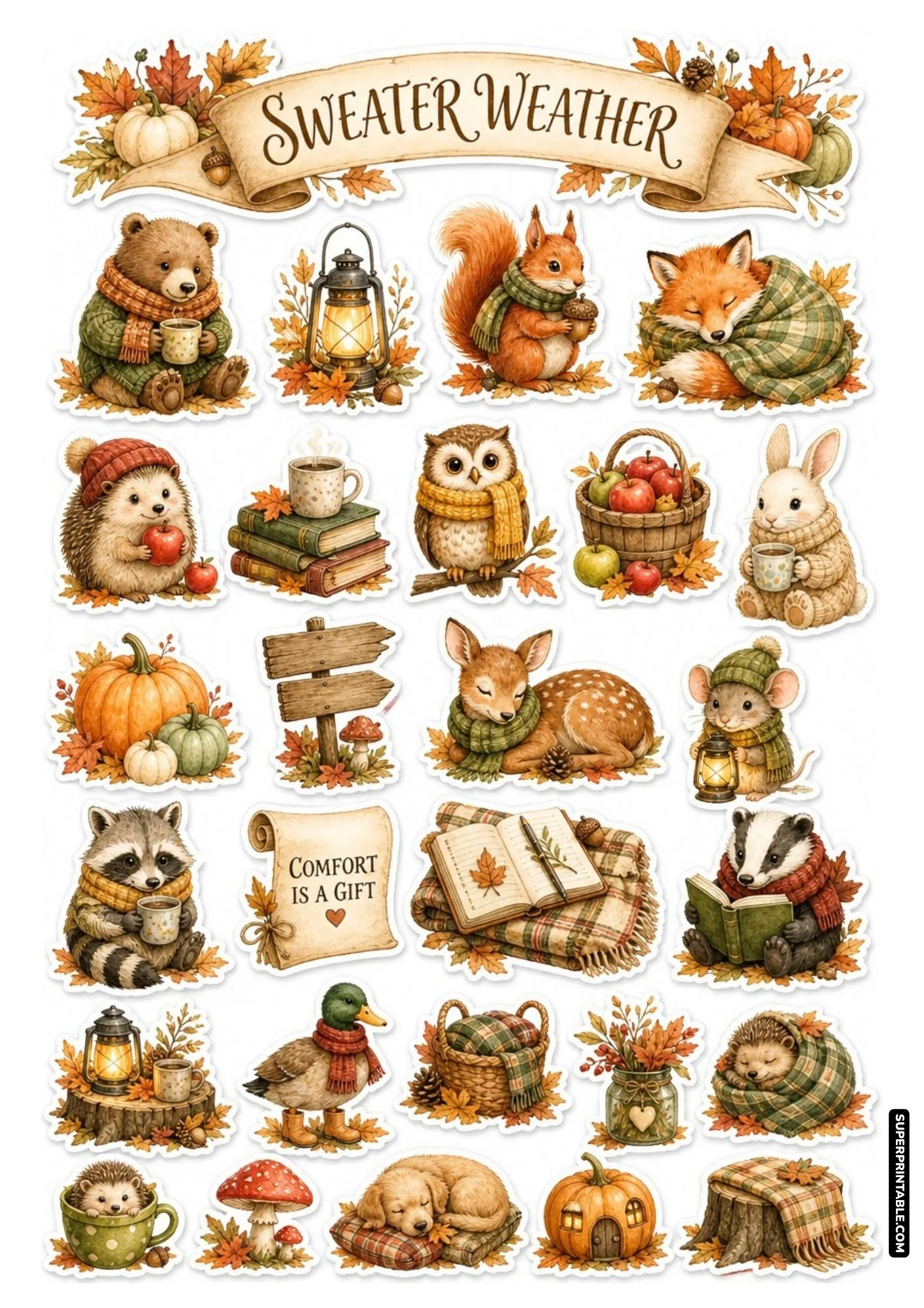Sweater Weather printable sticker sheet featuring warm cozy animal stickers wrapped in knit scarves and blankets.