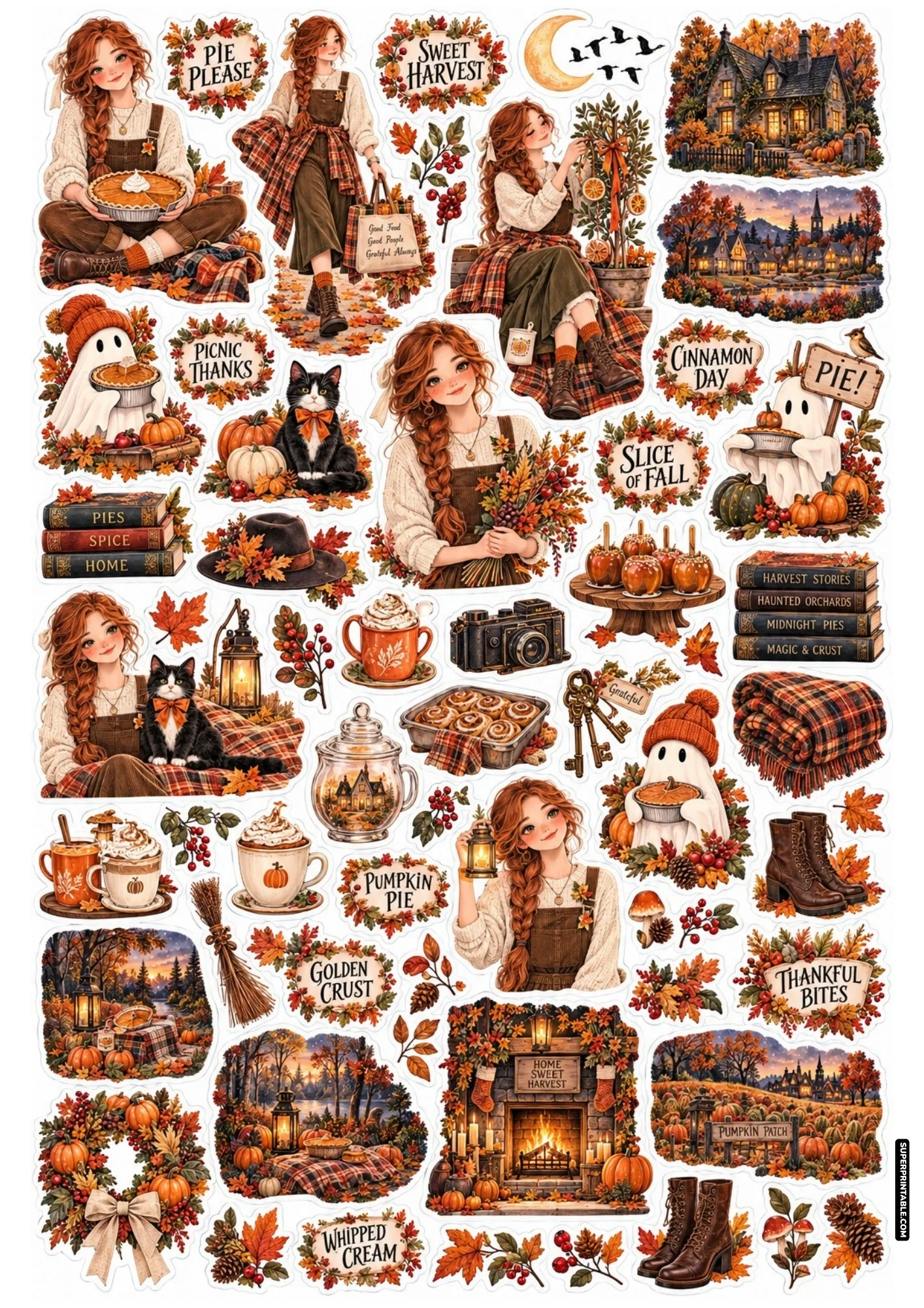 Autumn harvest sticker sheets highlighting pumpkin pie baking, cute ghost characters, hot cocoa mugs, and rustic cottage art