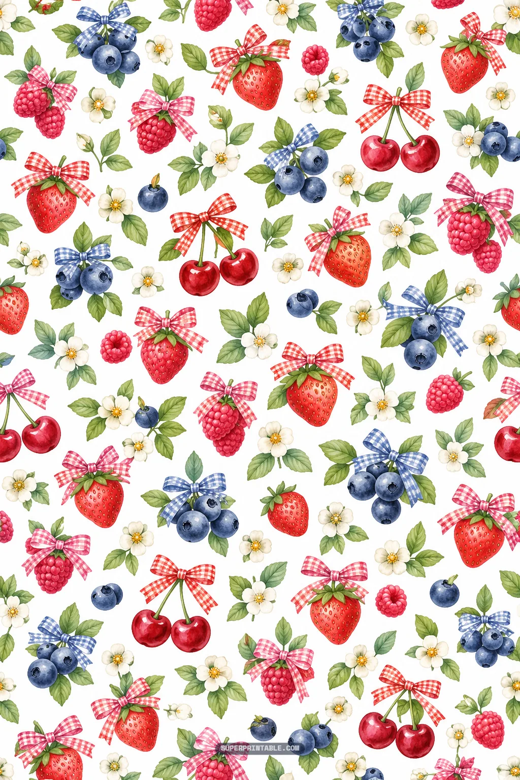 Strawberries, cherries, and blueberries tied with red and blue gingham ribbon bows on a white ground.