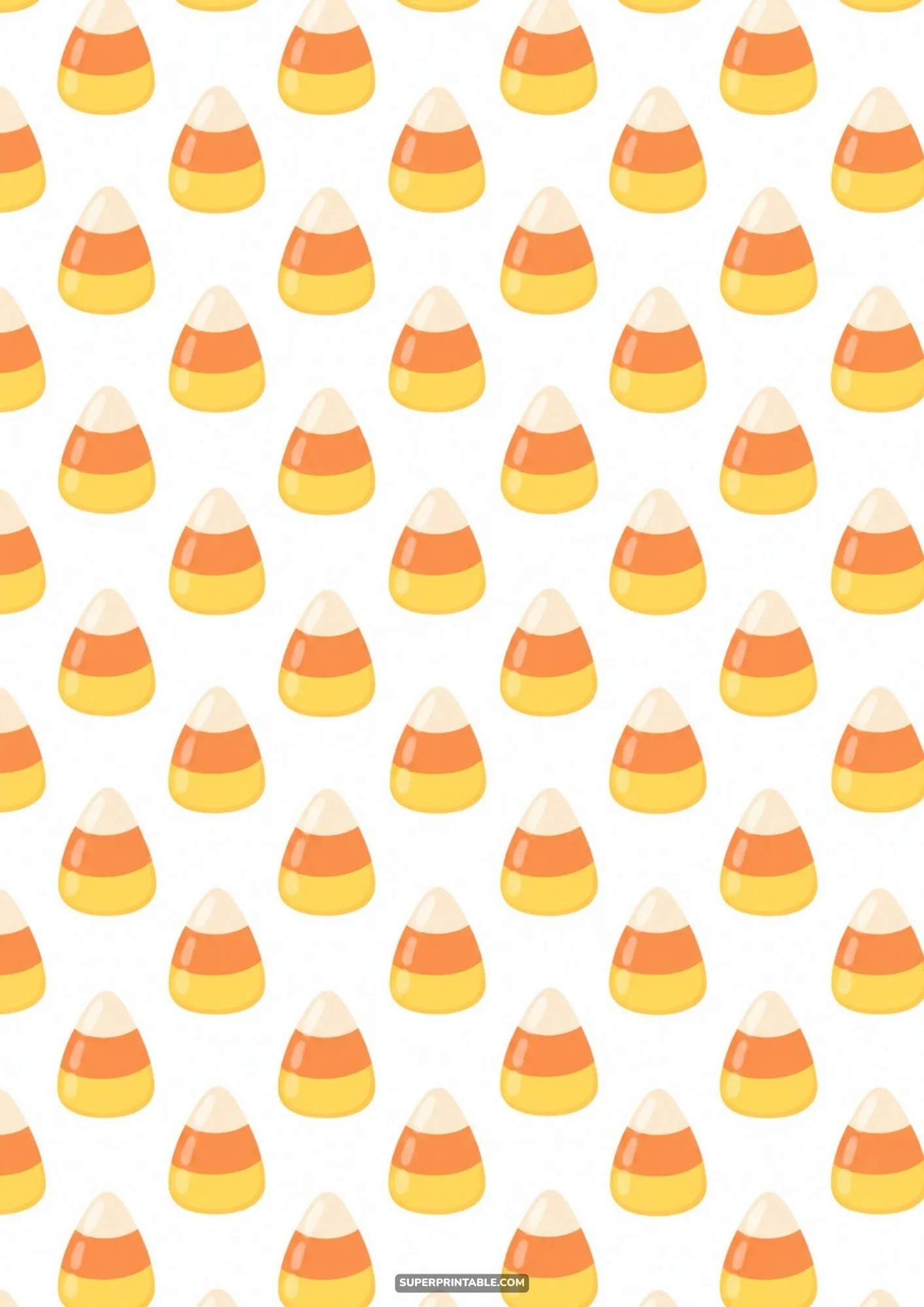 Sweet candy corn candies arranged in staggered diagonal rows across a clean white background.