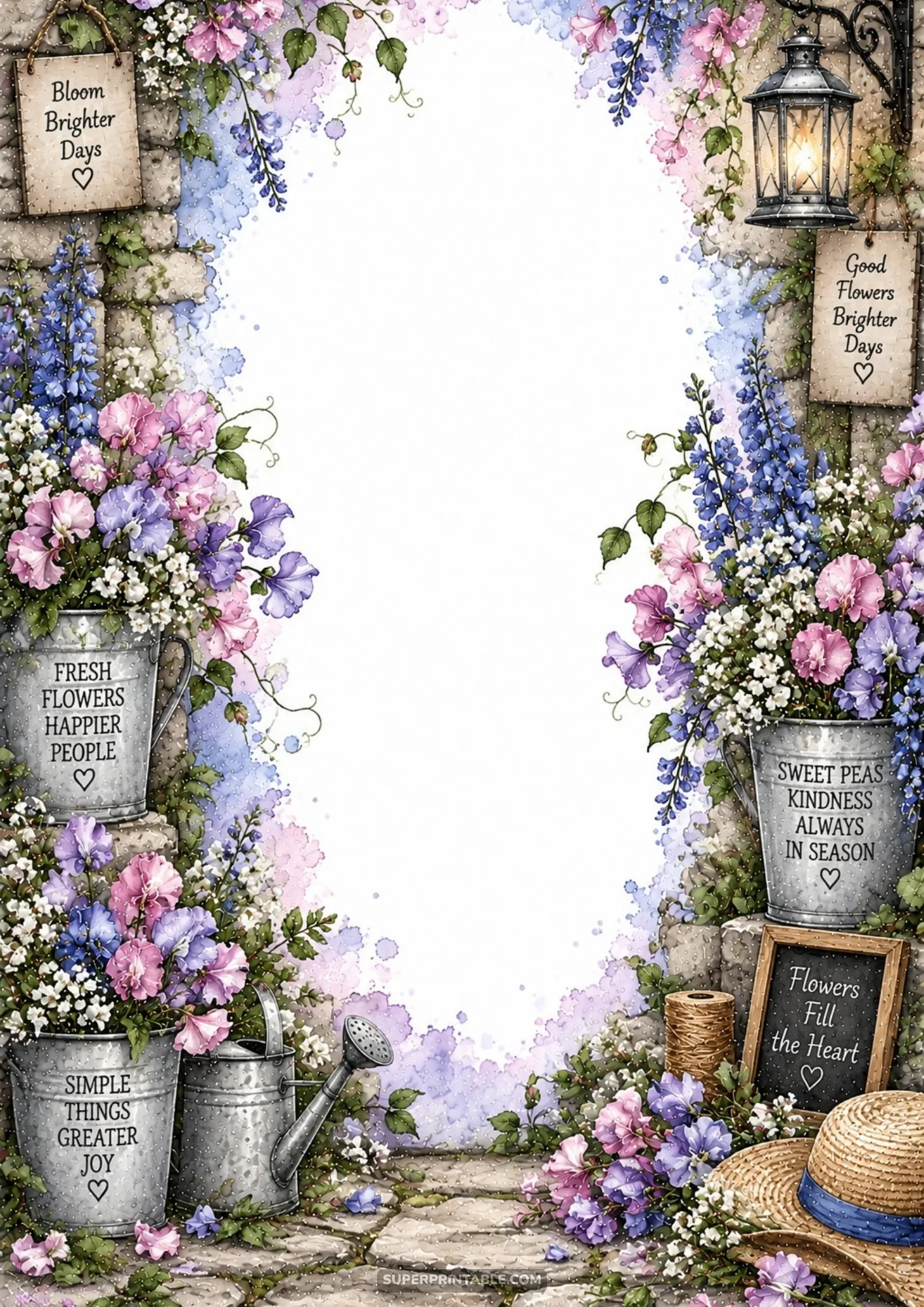 Cobblestone garden path framed by galvanized buckets of purple sweet peas, a straw hat, and glowing lantern
