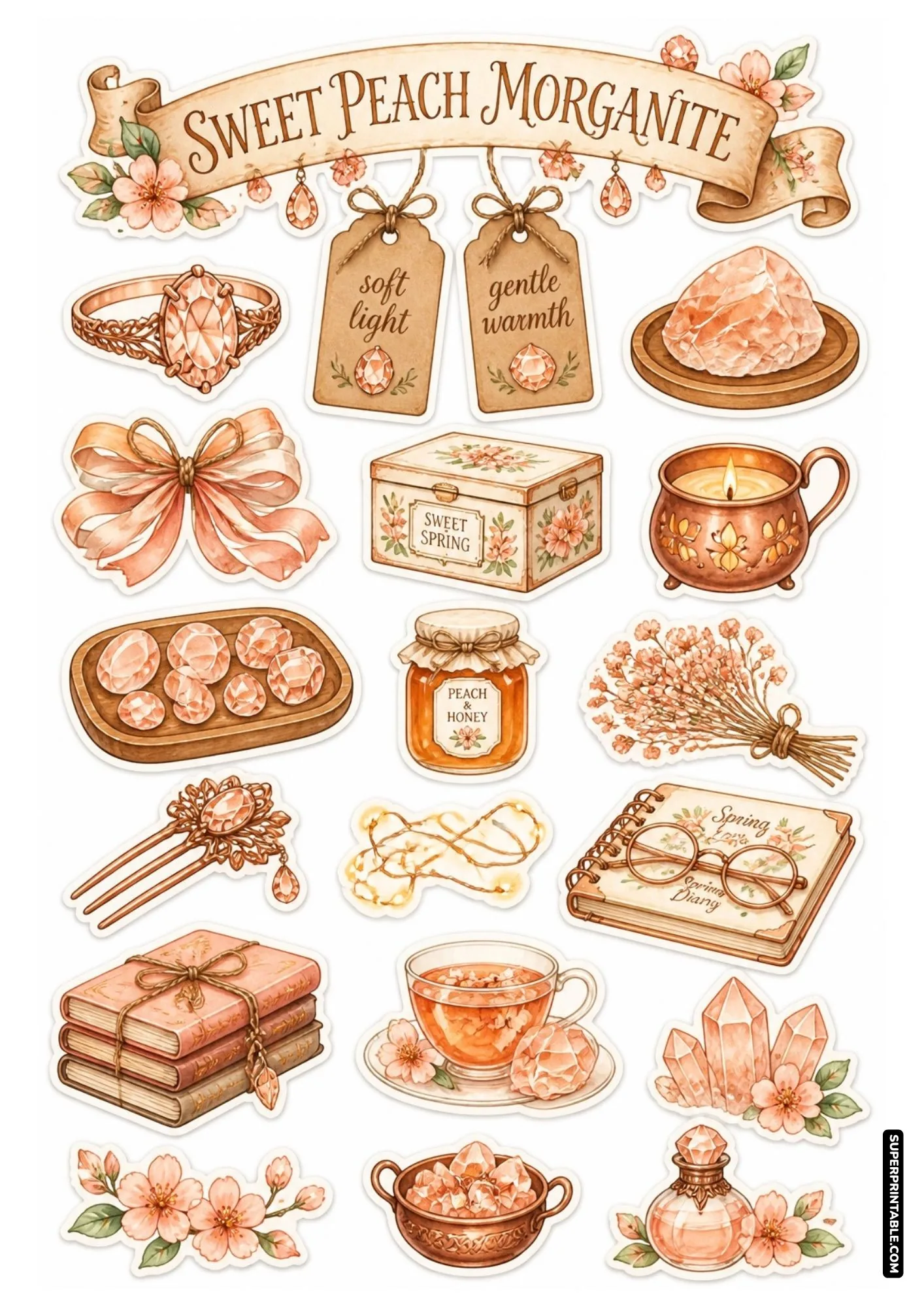 Soft peach morganite gems, peach honey jar, floral tea cup, and spring diary sticker sheet.