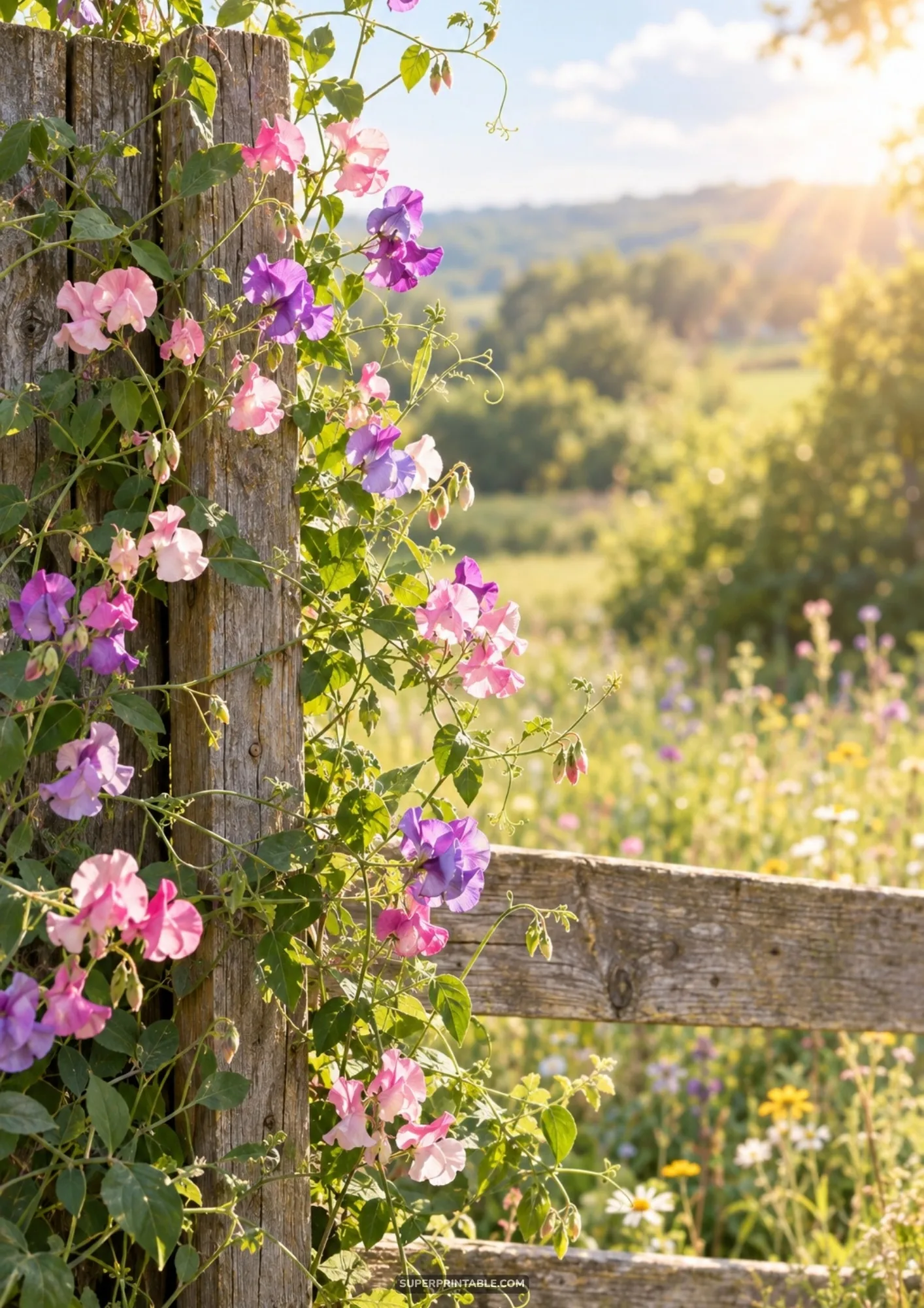 Flowering sweet peas in pink and violet climbing an old split-rail wooden fence in a pasture