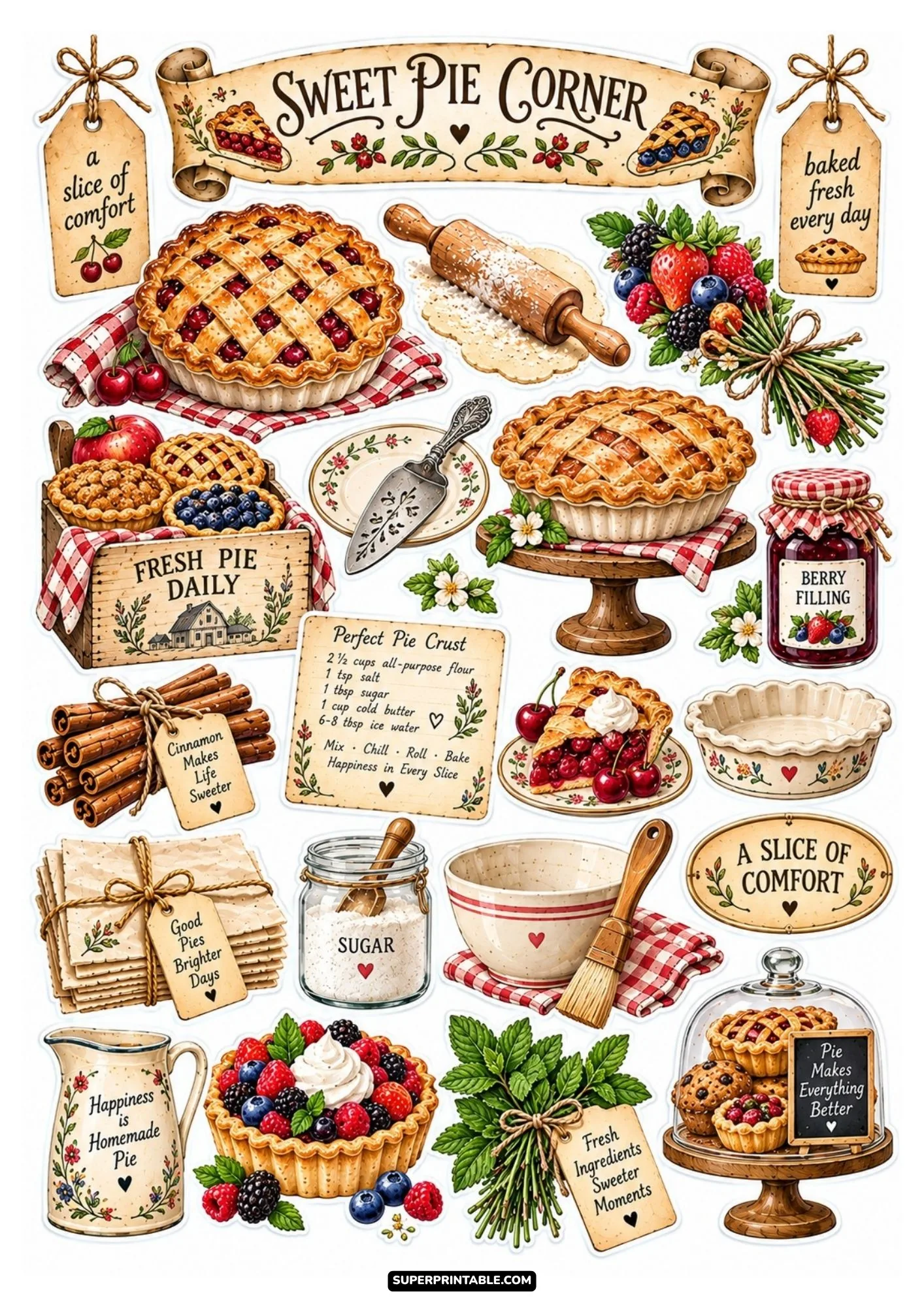 Sweet pie corner sticker sheet featuring lattice crust fruit pies, pie slices, and berry tartlets.