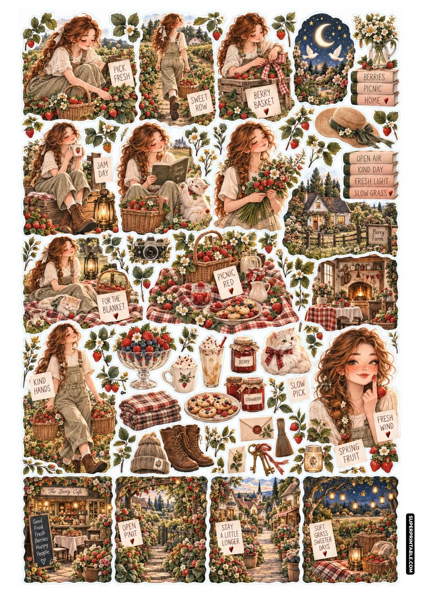 Vibrant berry farm sticker sheet featuring strawberry harvests, jam jars, overalls, and treats.