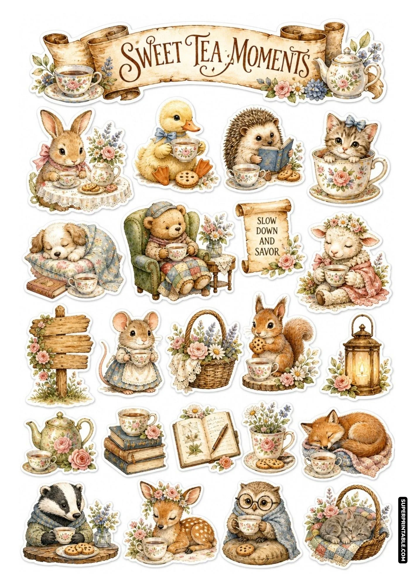 Cute watercolor animals enjoying hot tea and sweet treats on a vintage printable sticker sheet.