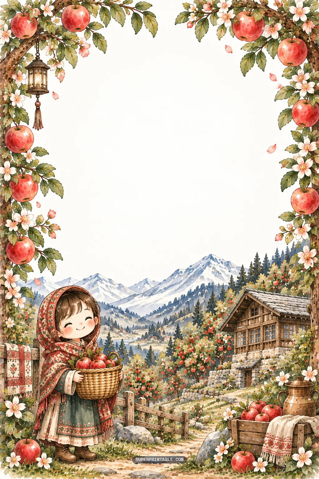 Girl in patterned shawl with basket of apples overlooking snowy mountain peaks