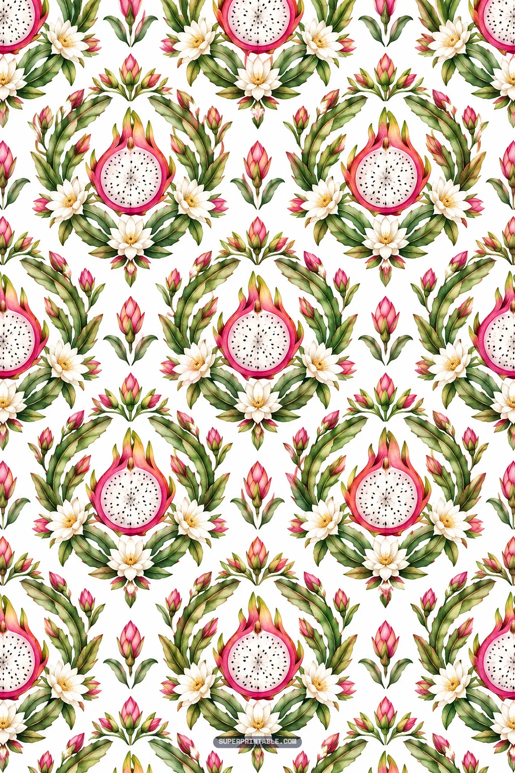 Dragon fruit digital papers showing damask medallions with white pitaya slices and blossoms.