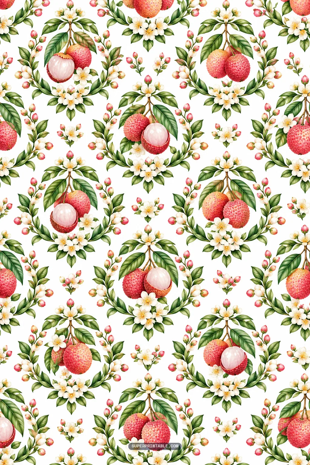 Lychee orchard digital papers featuring symmetrical leafy wreaths, ripe lychees, and white blossoms.