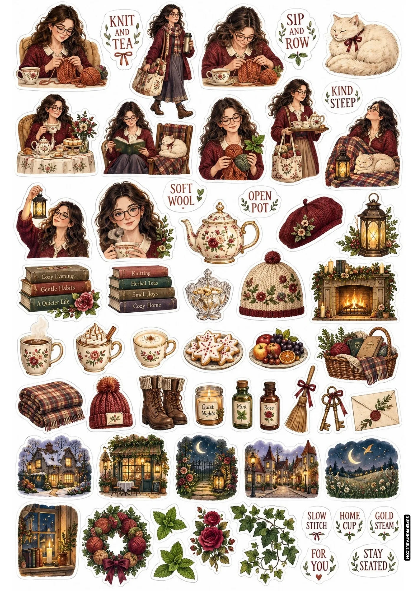 Yarn and knitting sticker sheets featuring floral teapots, burgundy knitwear, cozy hearths, and sleeping white cats