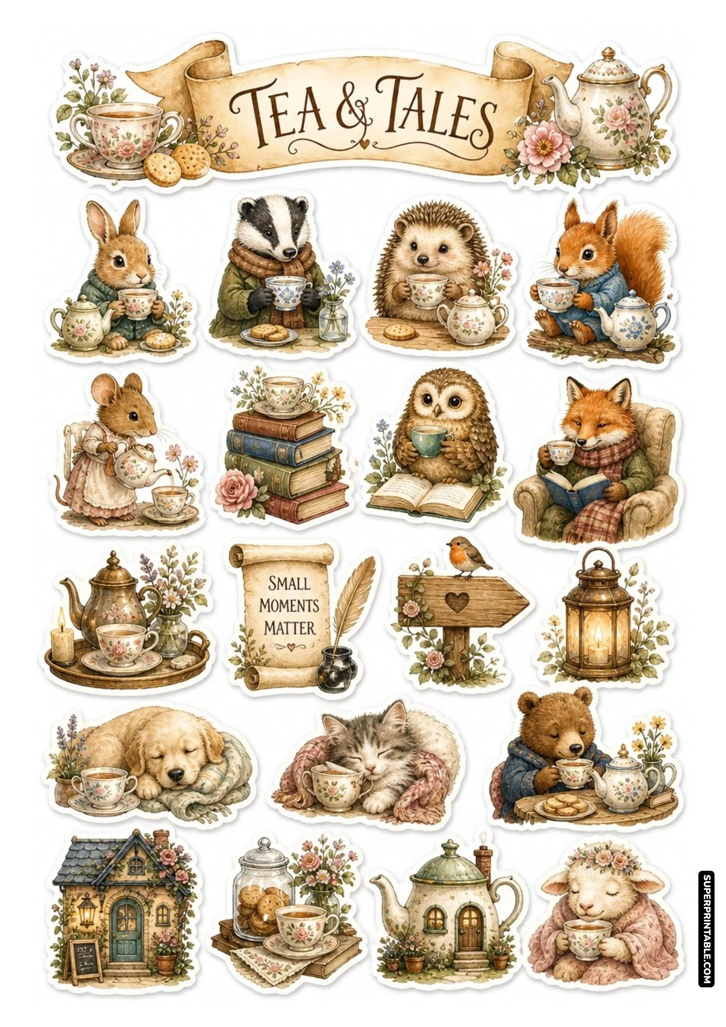 Whimsical printable sticker sheet of story-reading animals sipping tea with books and cozy cottages.
