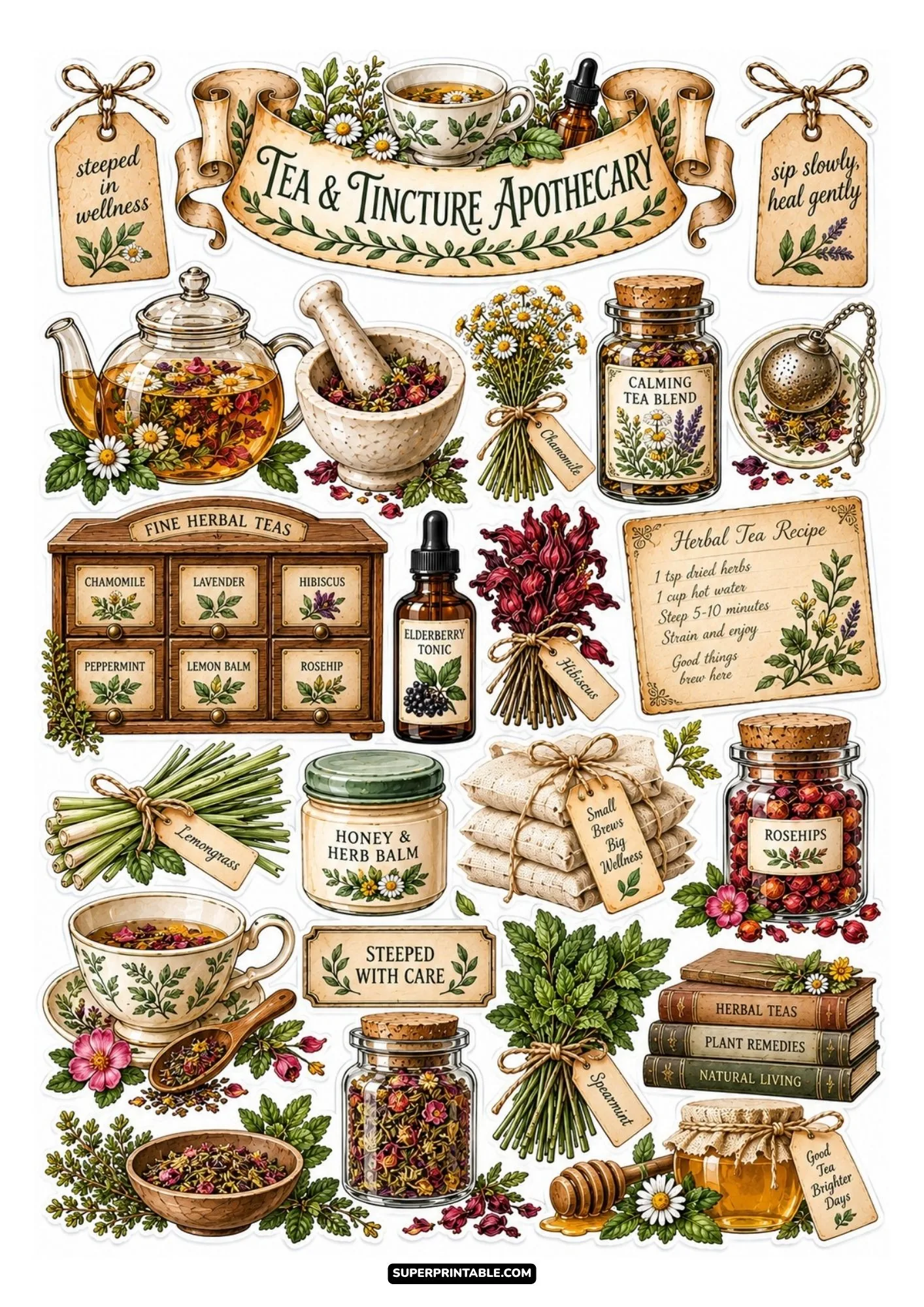 Tea and tincture apothecary sticker sheet with glass teapot, herbal teas, and teacup.