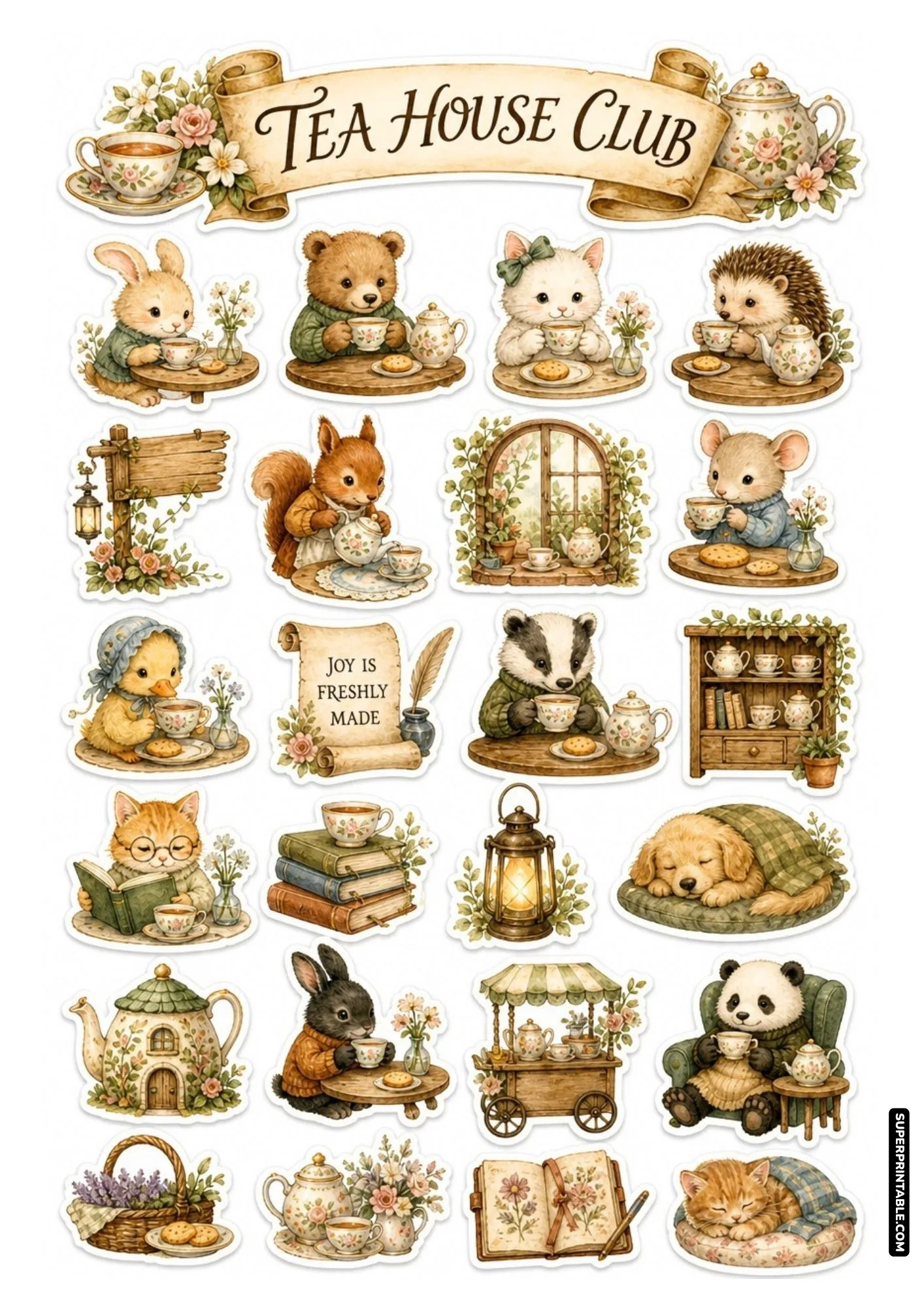 Woodland animals gathering for warm tea and snacks on a vintage tea house sticker sheet.