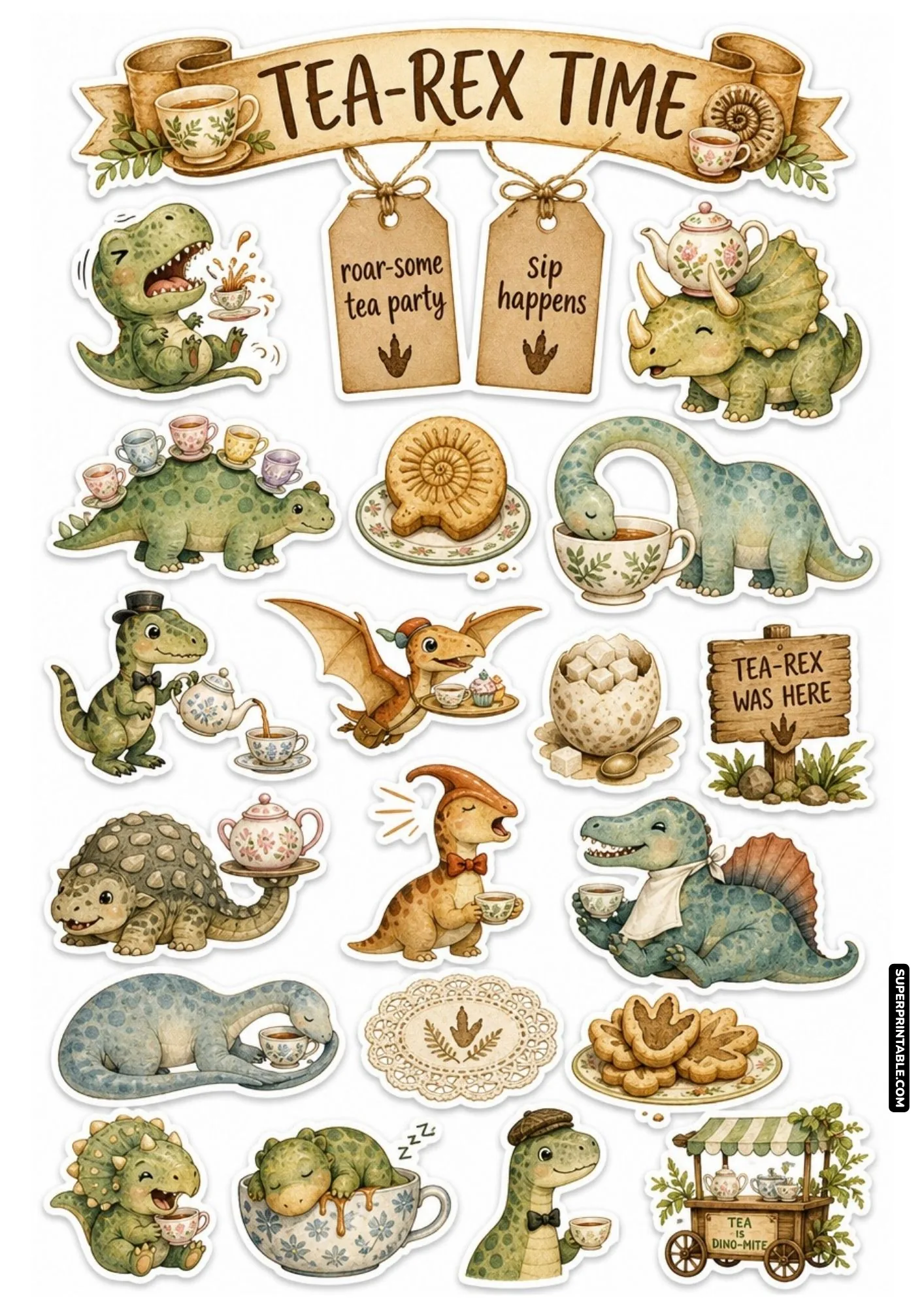 Prehistoric tea party sticker sheet featuring cute dinosaurs sipping tea, floral teacups, and pastry treats.