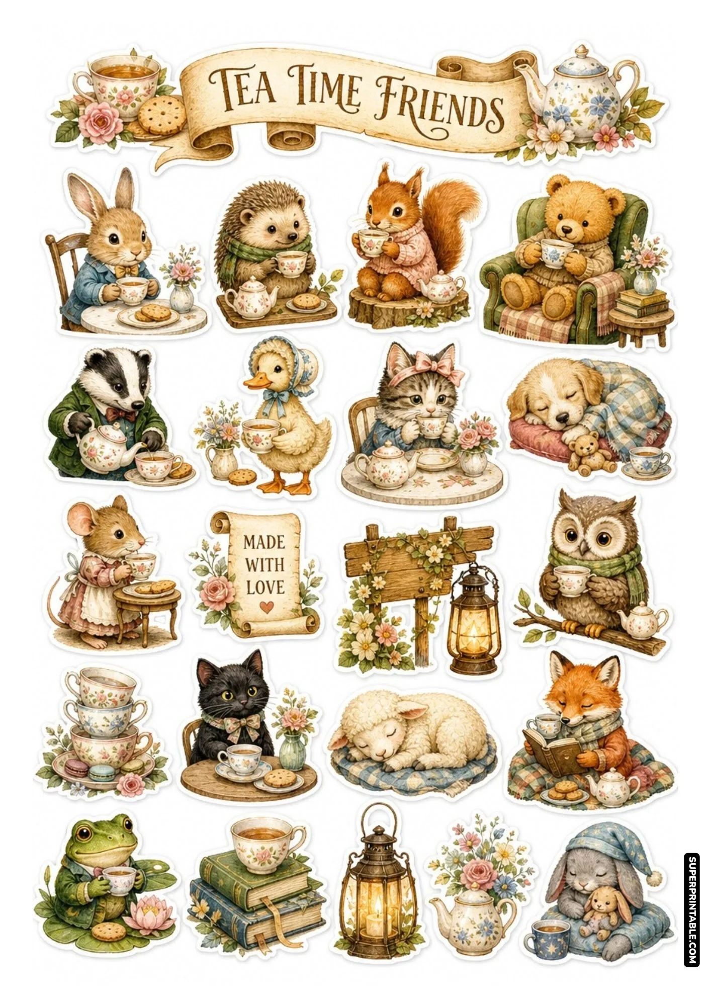 Adorable watercolor animal friends sharing cozy tea party moments on a printable sticker sheet.