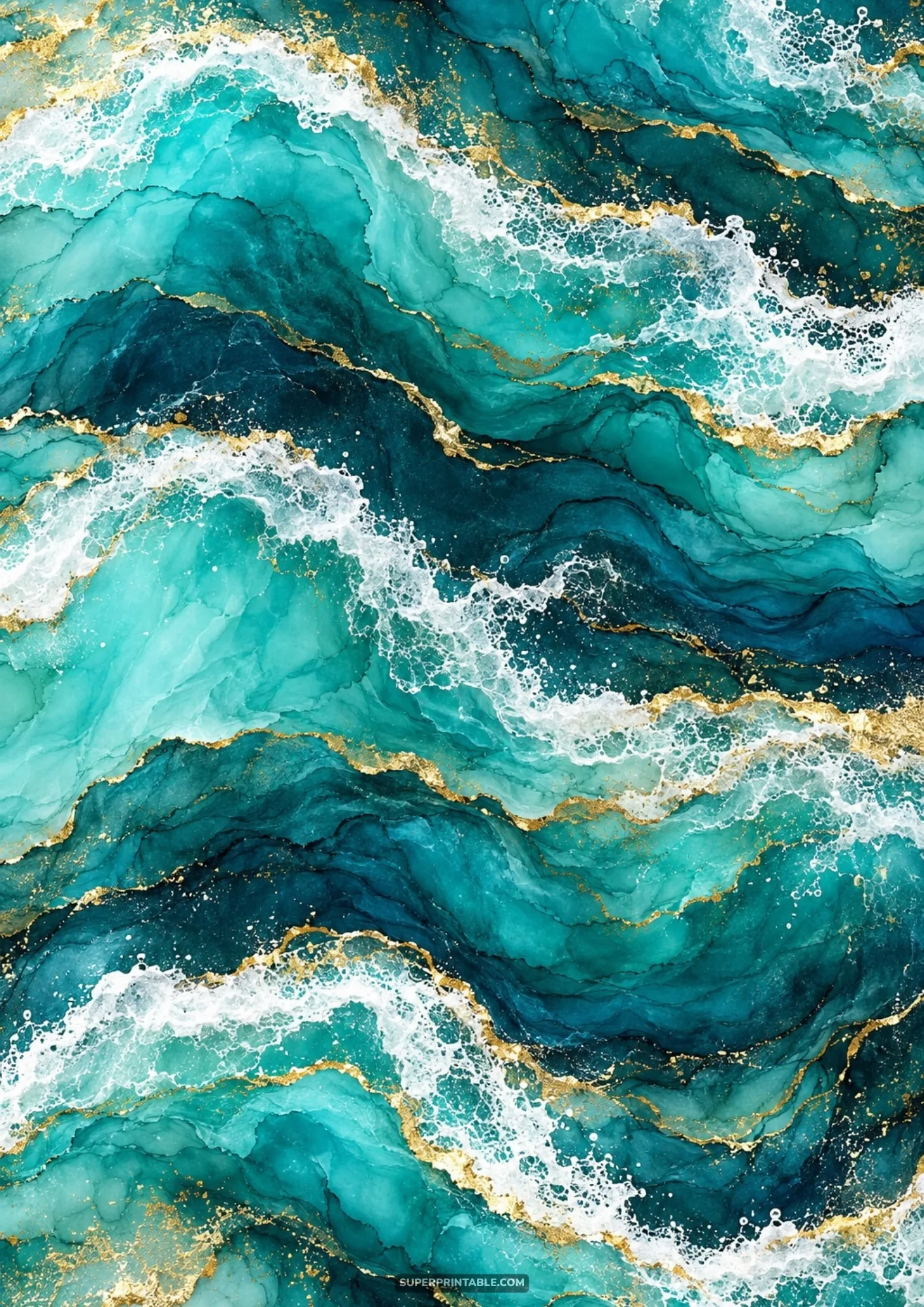 Coastal watercolor digital papers fluid teal marble artwork with shimmering gold veins