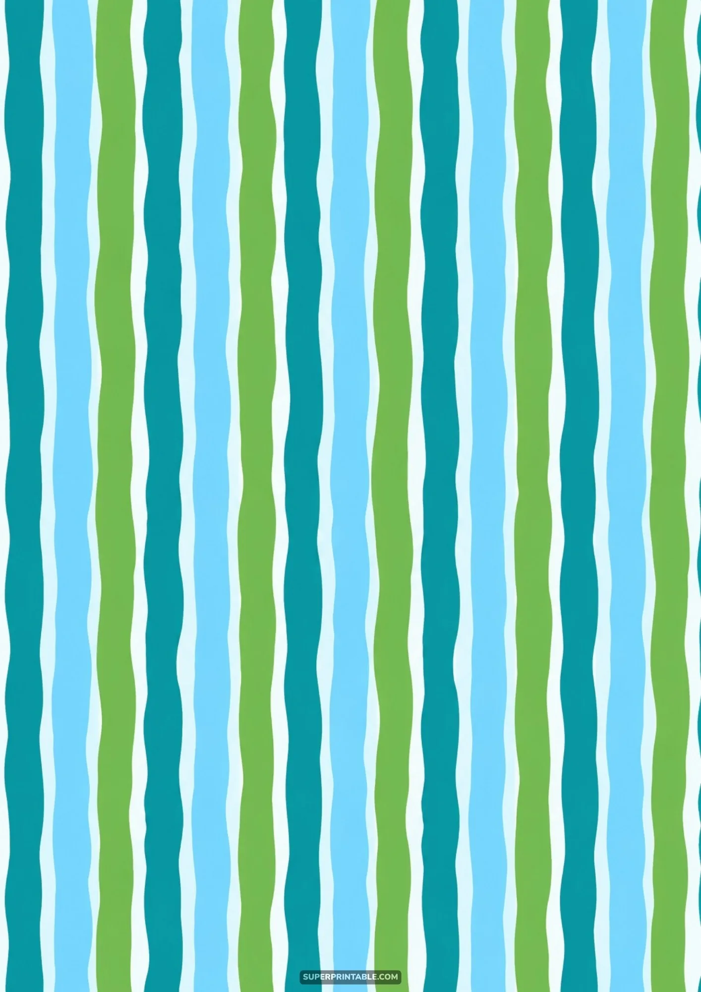 Alternating vertical wavy stripes in teal, sky blue, and fresh green