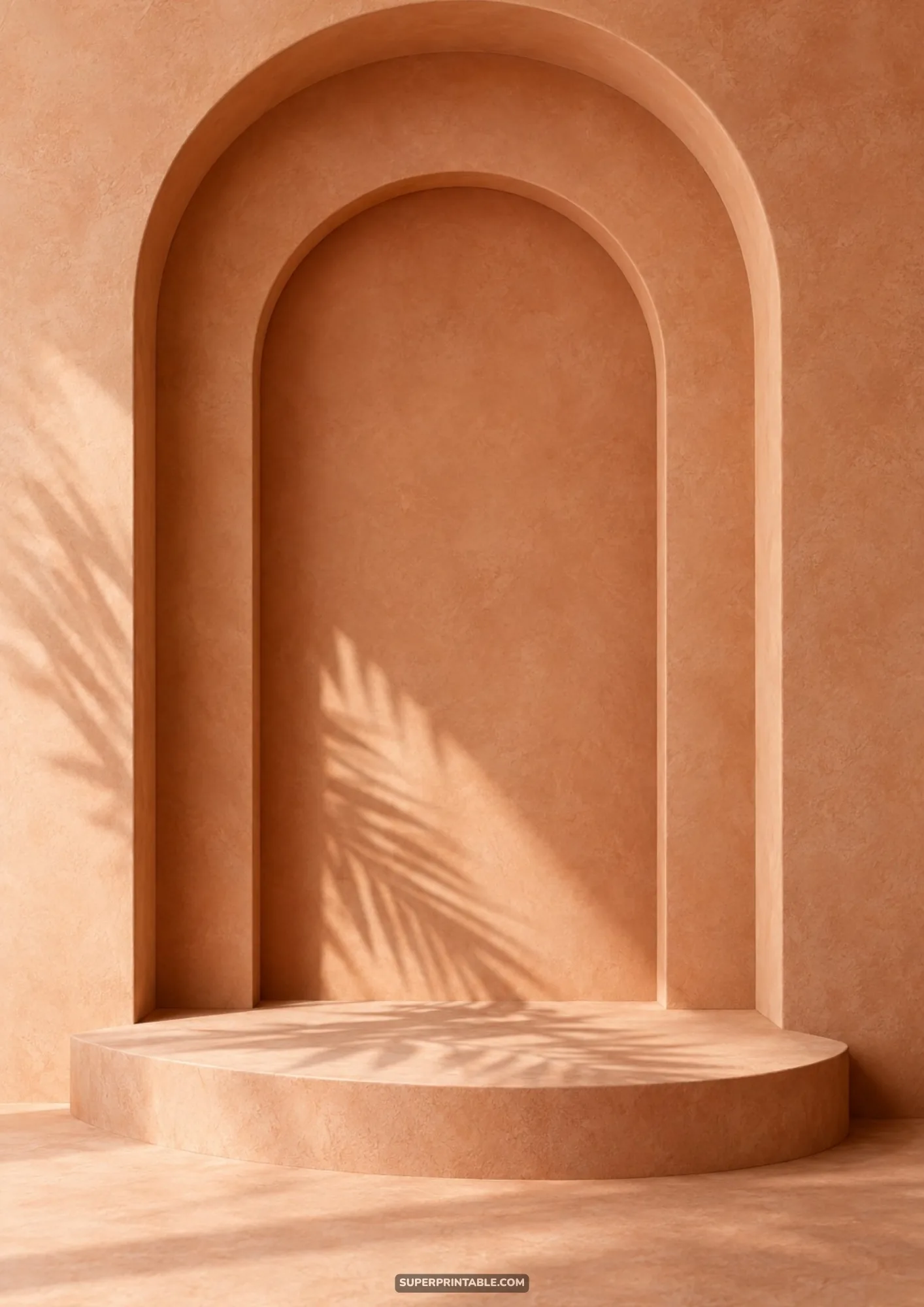 Terracotta arch niche with a raised circular display pedestal bathed in diagonal palm leaf sun shadows