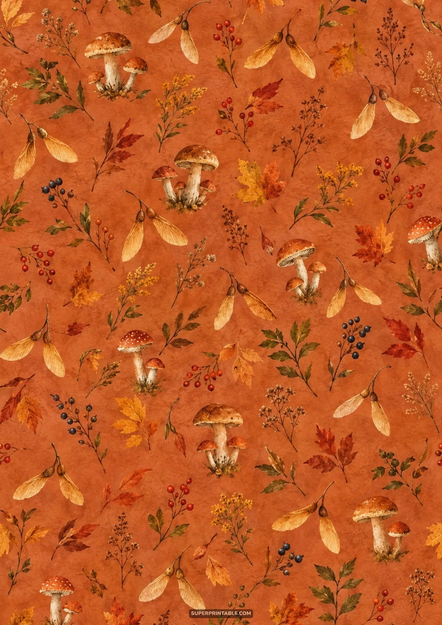 Botanical autumn pattern with wild mushrooms, maple seeds, and fall berries over a warm terracotta background.