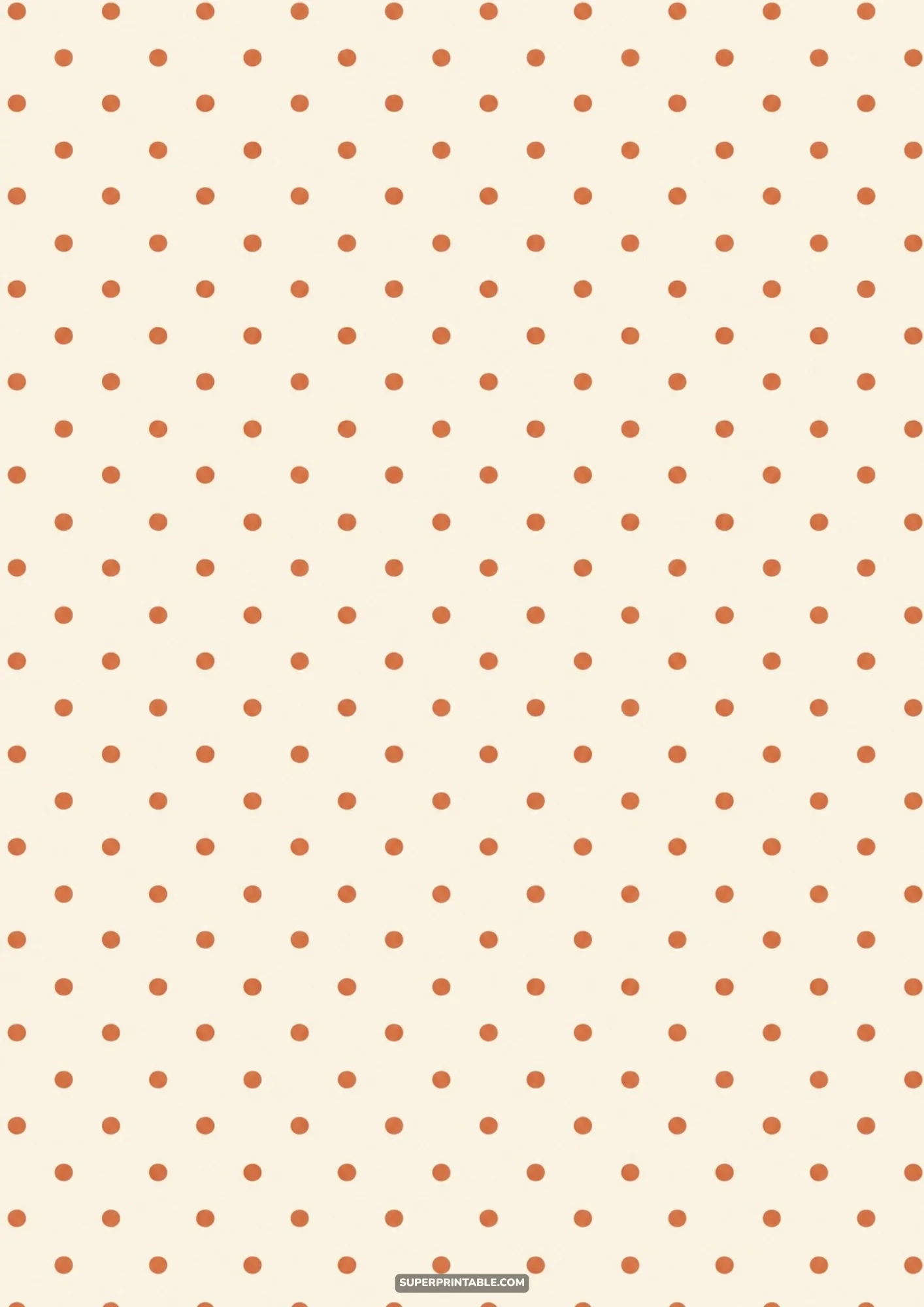 Neat repeating polka dots in terracotta orange spaced diagonally across an ivory cream background.