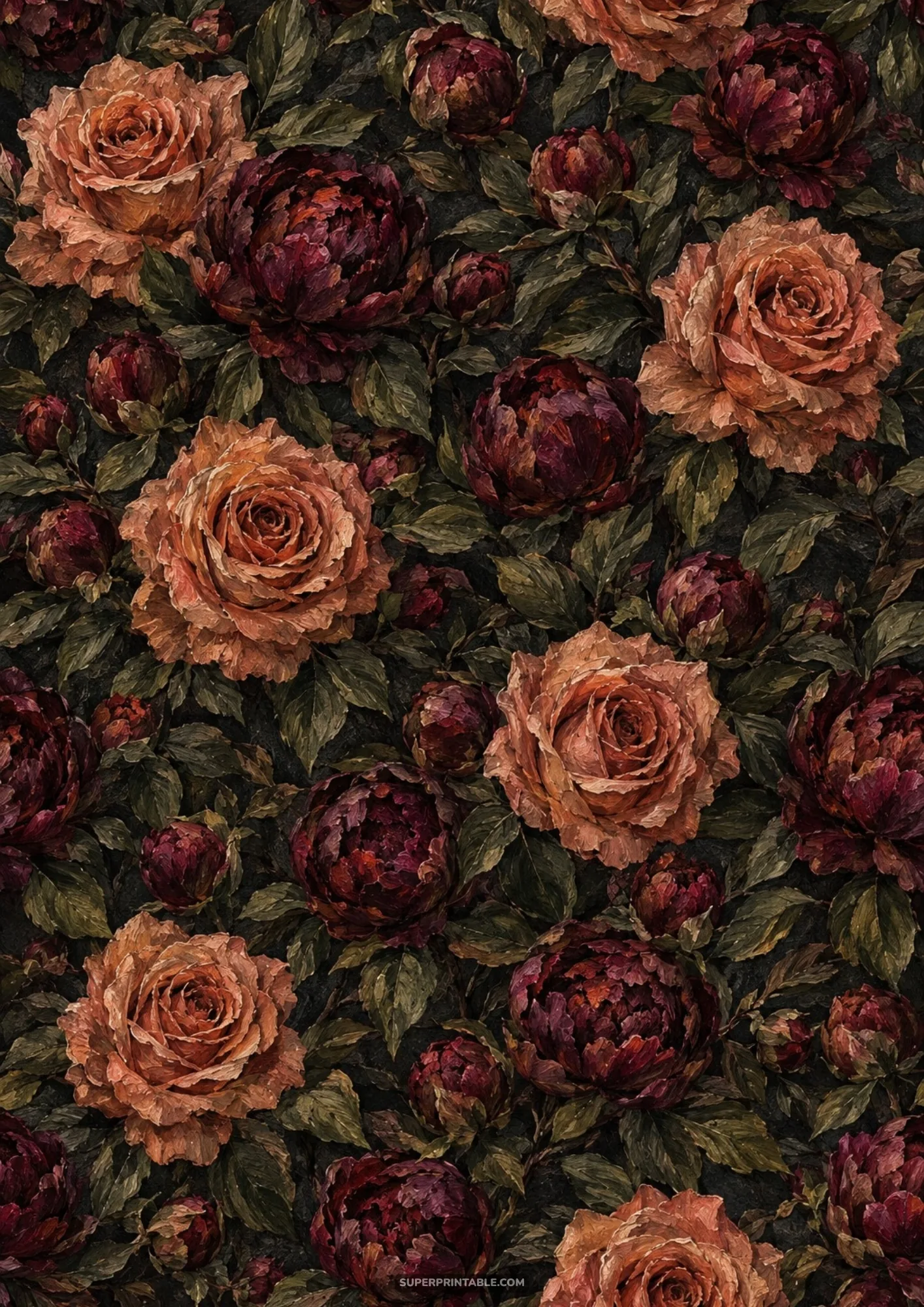 Heavily textured oil painting pattern of warm terracotta roses and deep burgundy peony blossoms