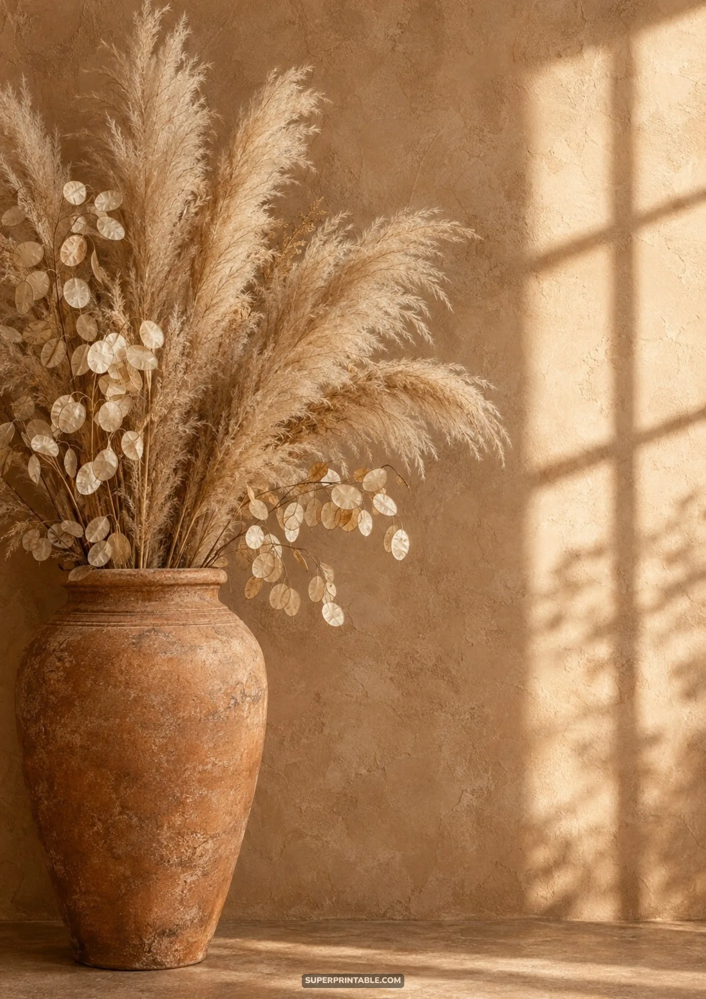 Large terracotta urn filled with fluffy pampas grass stands beside a sunlit wall in boho chic backgrounds.
