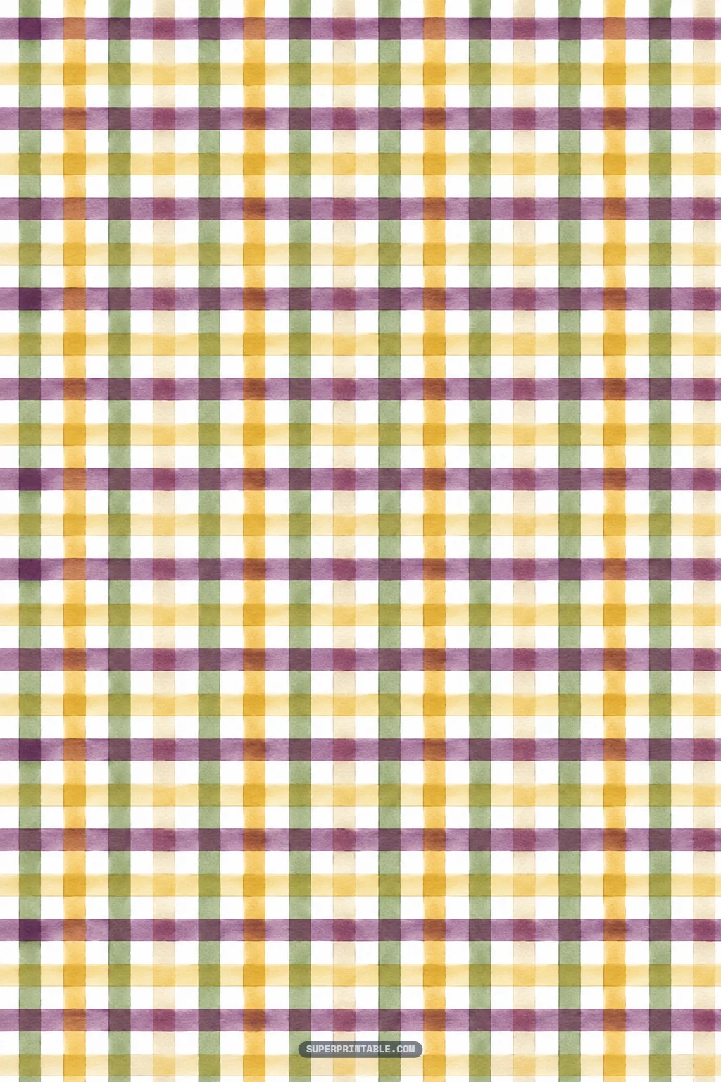 Cozy watercolor gingham plaid paper featuring woven stripes of honey gold, purple plum, and sage green