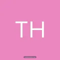 Square pink graphic tile displaying bold white capital letters TH with a small bottom tab