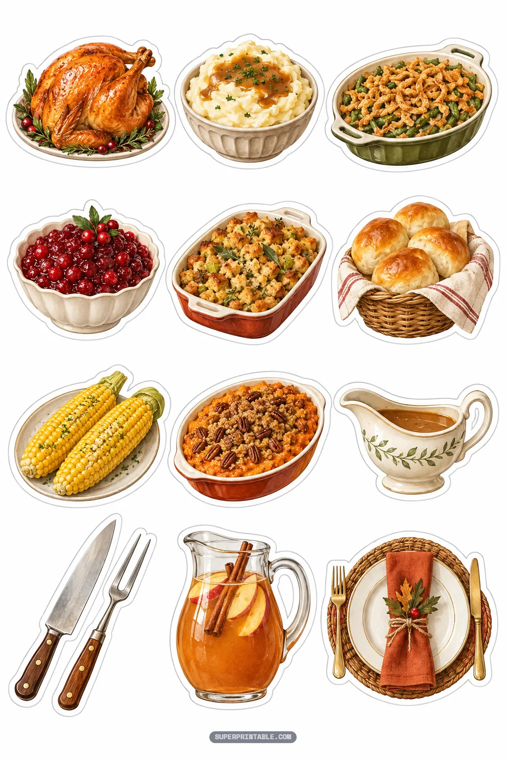 Watercolor thanksgiving harvest sticker sheets with roasted turkey, stuffing, and festive food