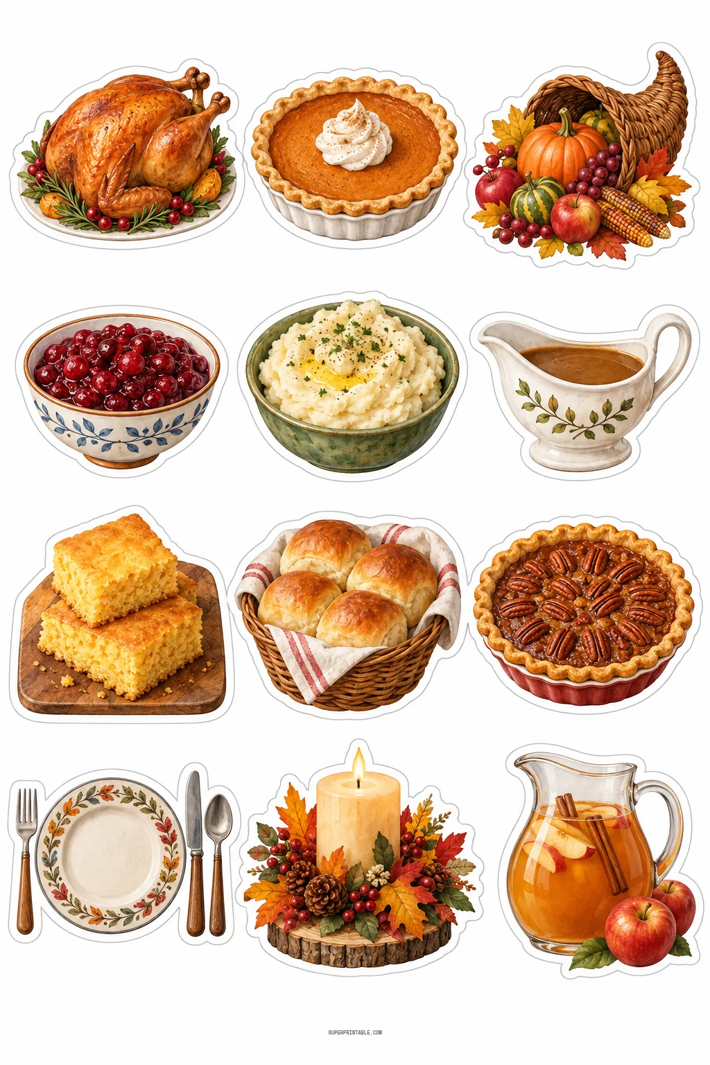 Thanksgiving feast stickers featuring roasted turkey, pecan pie, mashed potatoes, and autumn candle center