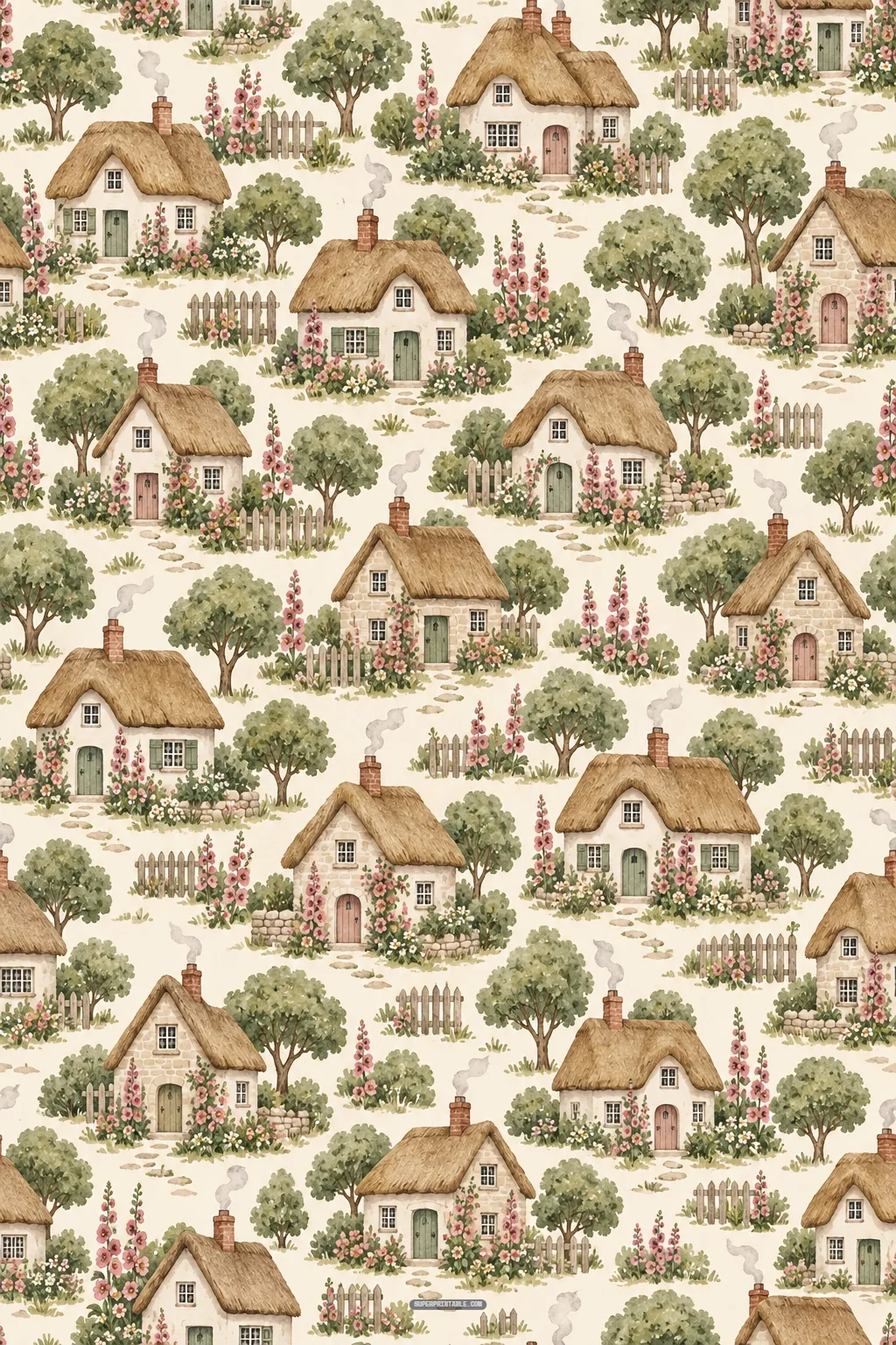 Rustic stone thatched cottages surrounded by blooming pink hollyhocks and trees in cottagecore garden digital papers