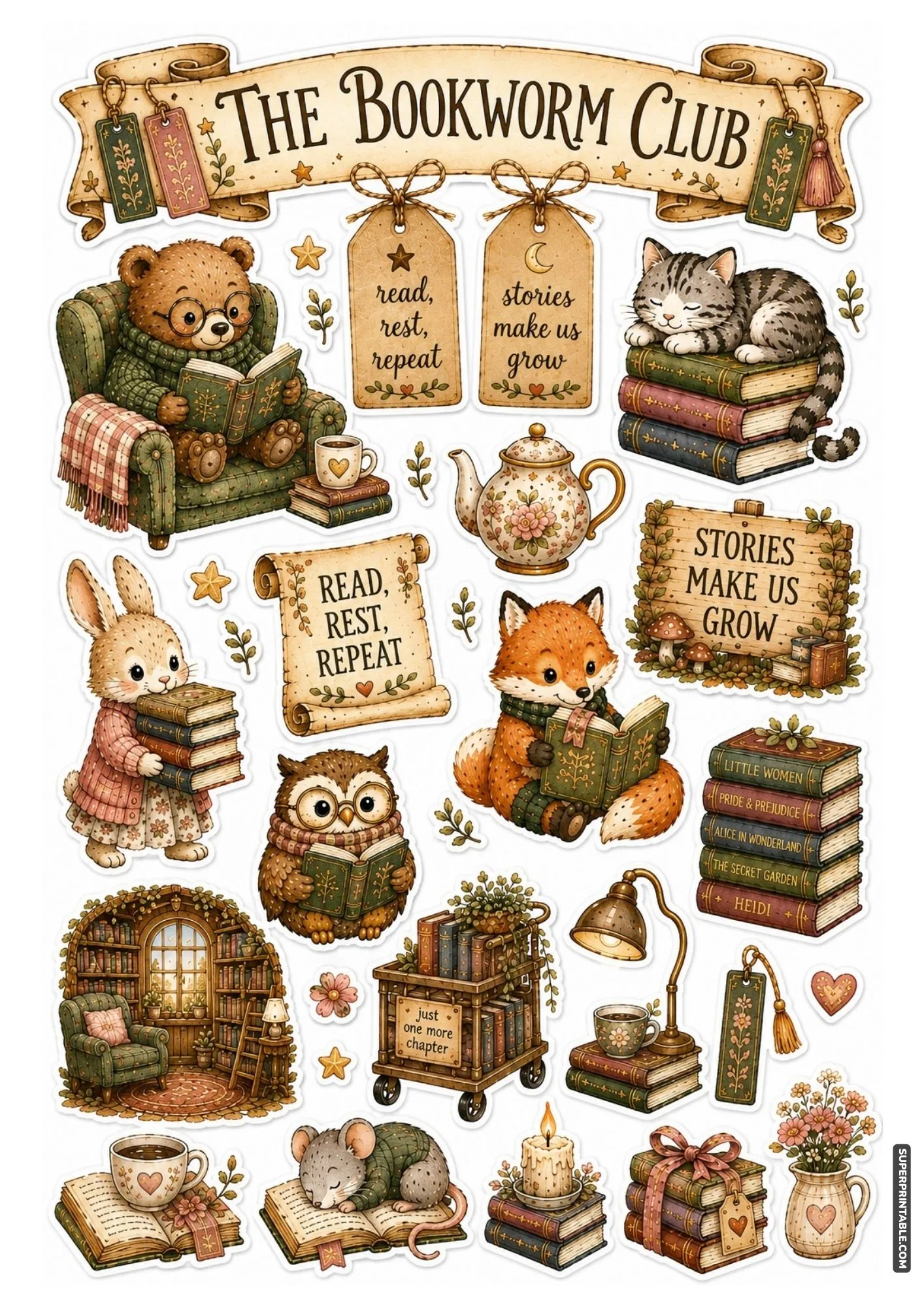 Decorative cozy bookworm club stickers featuring animals reading classic books in comfortable armchairs.