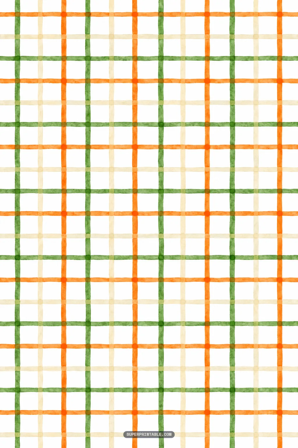 Open windowpane grid plaid pattern hand-painted in fine orange, forest green, and soft cream watercolor washes