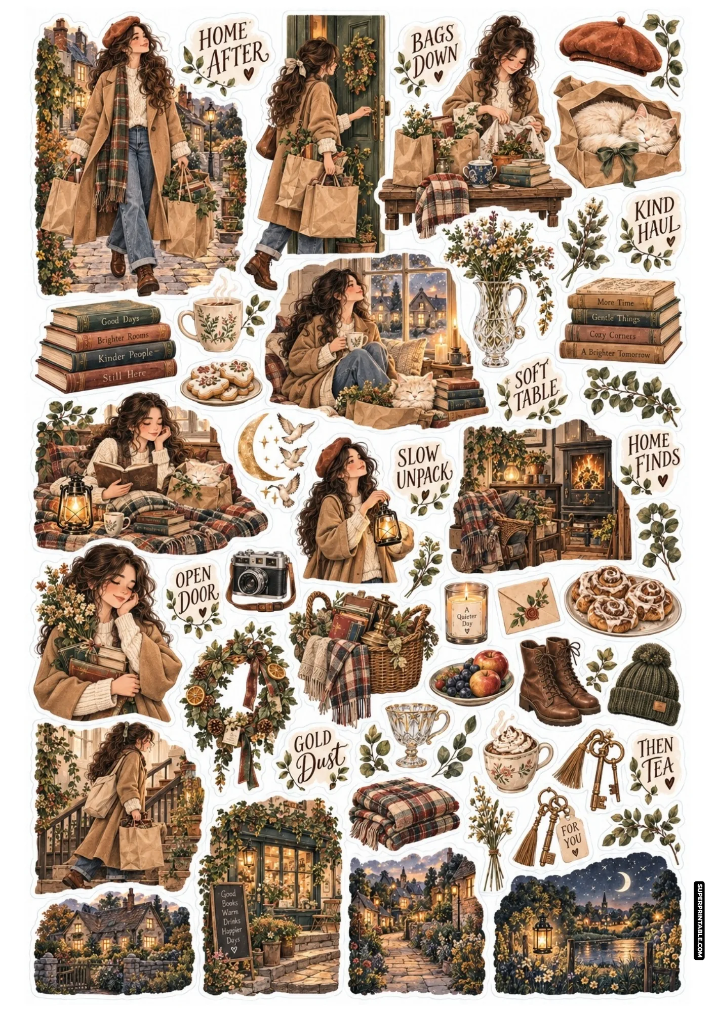 Thrift haul stickers showing a girl carrying brown paper bags and unpacking preloved treasures at home.