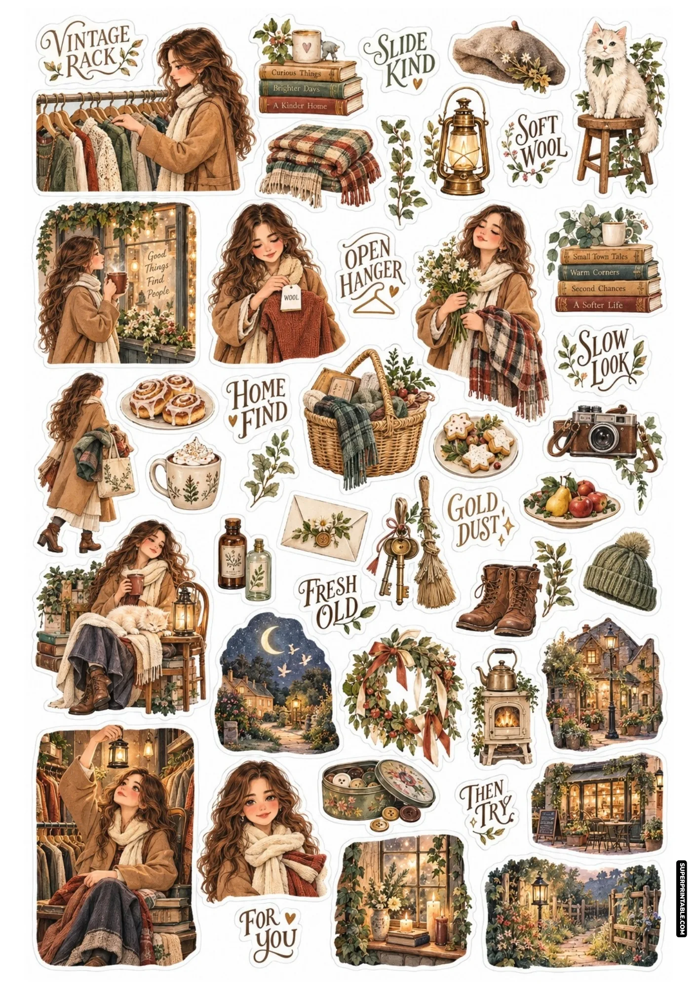 Cozy thrift shop sticker sheets featuring hand-illustrated vintage clothing racks, warm coffee, and sleeping cats.