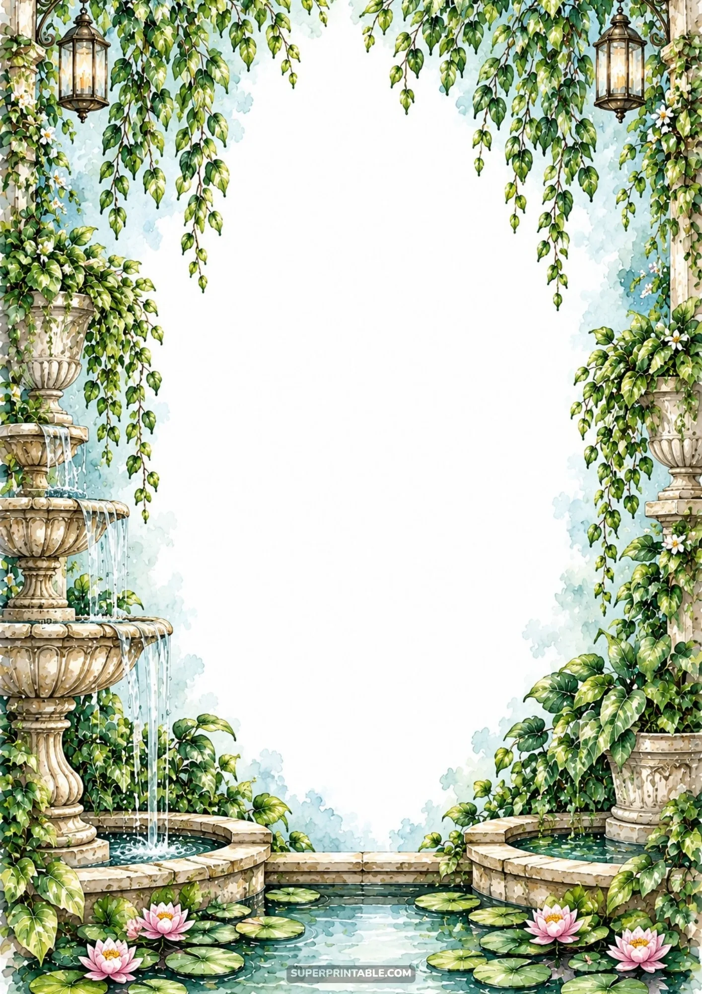 Tiered stone fountain pouring water into a pond with blooming pink water lilies