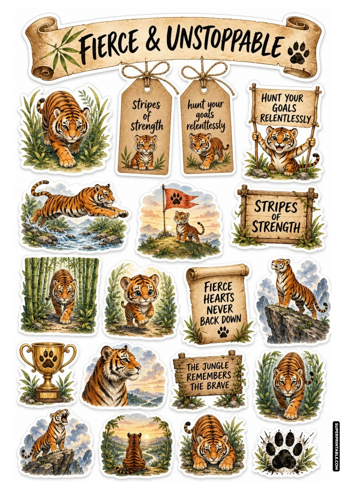 Striped Bengal tiger sticker sheet with jungle foliage, fierce predator artwork, and motivational scrolls
