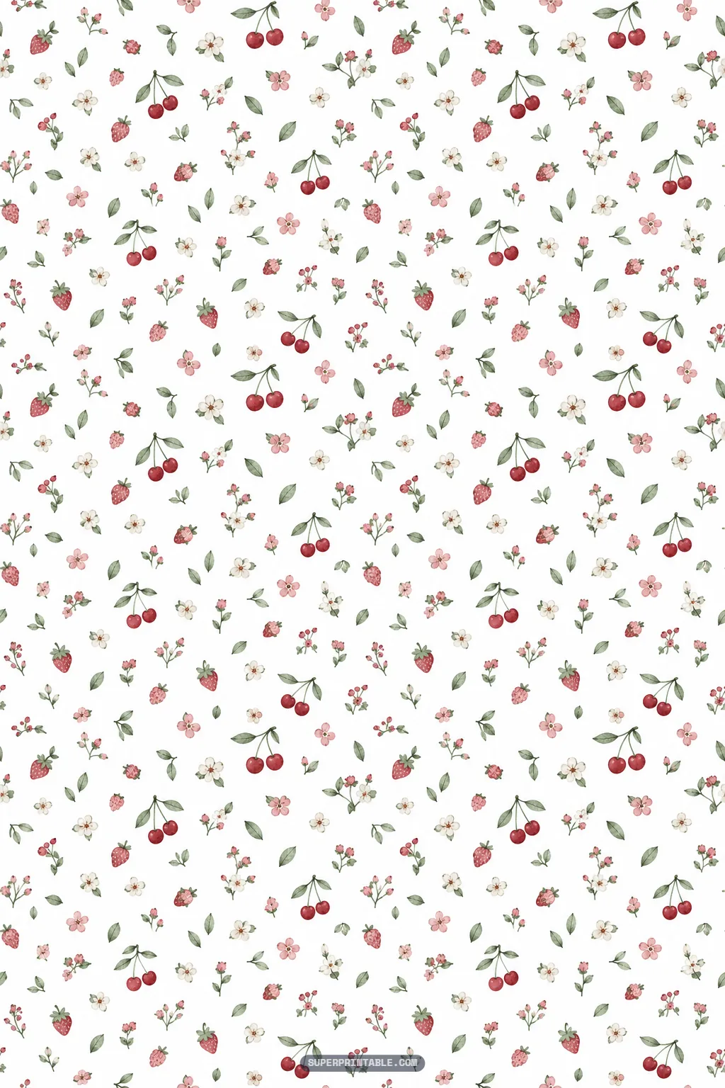 Delicate micro-print featuring tiny cherries, miniature strawberries, and blooms