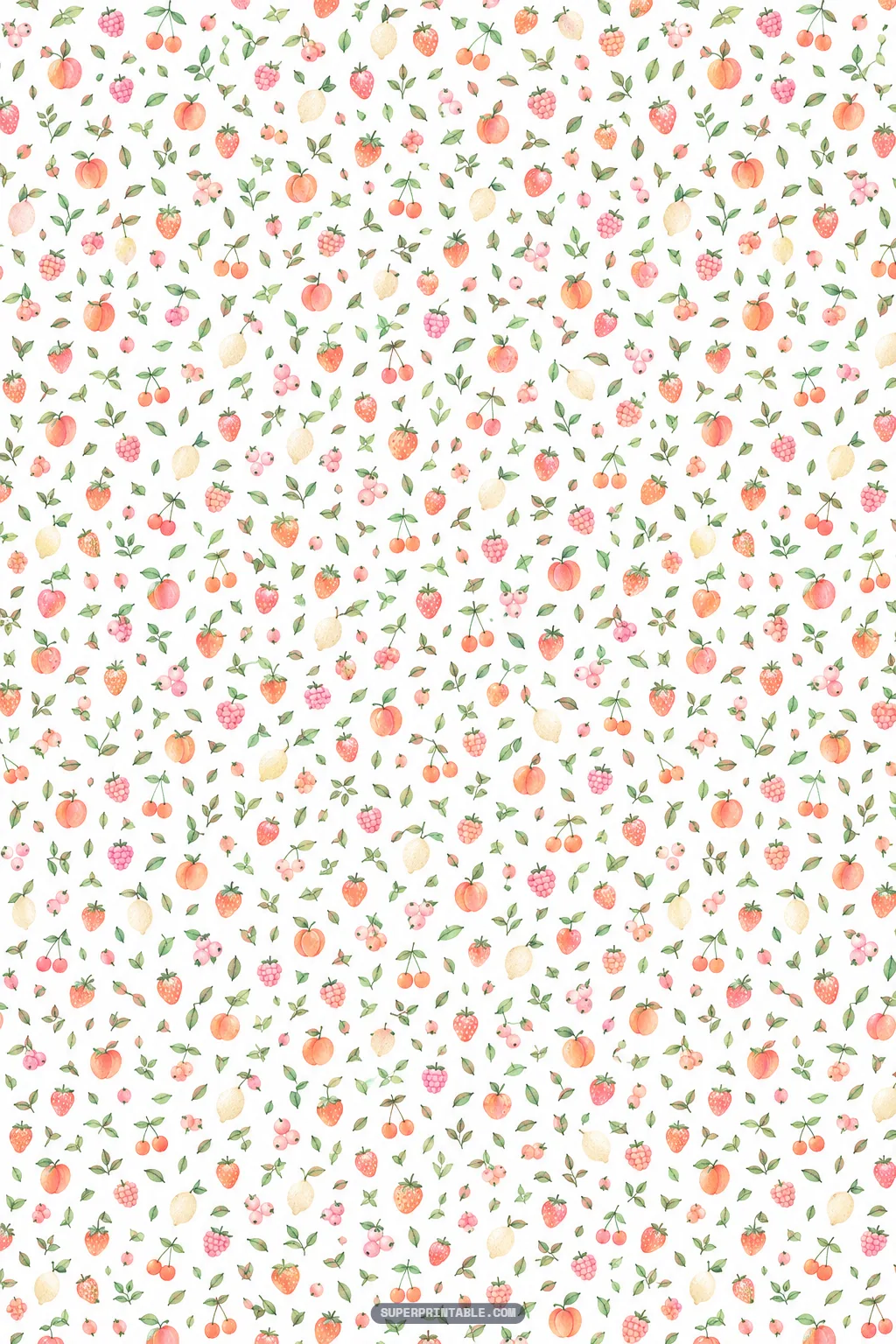 Delicate mini ditsy pattern with tiny watercolor peaches, strawberries, cherries, and pale blossoms