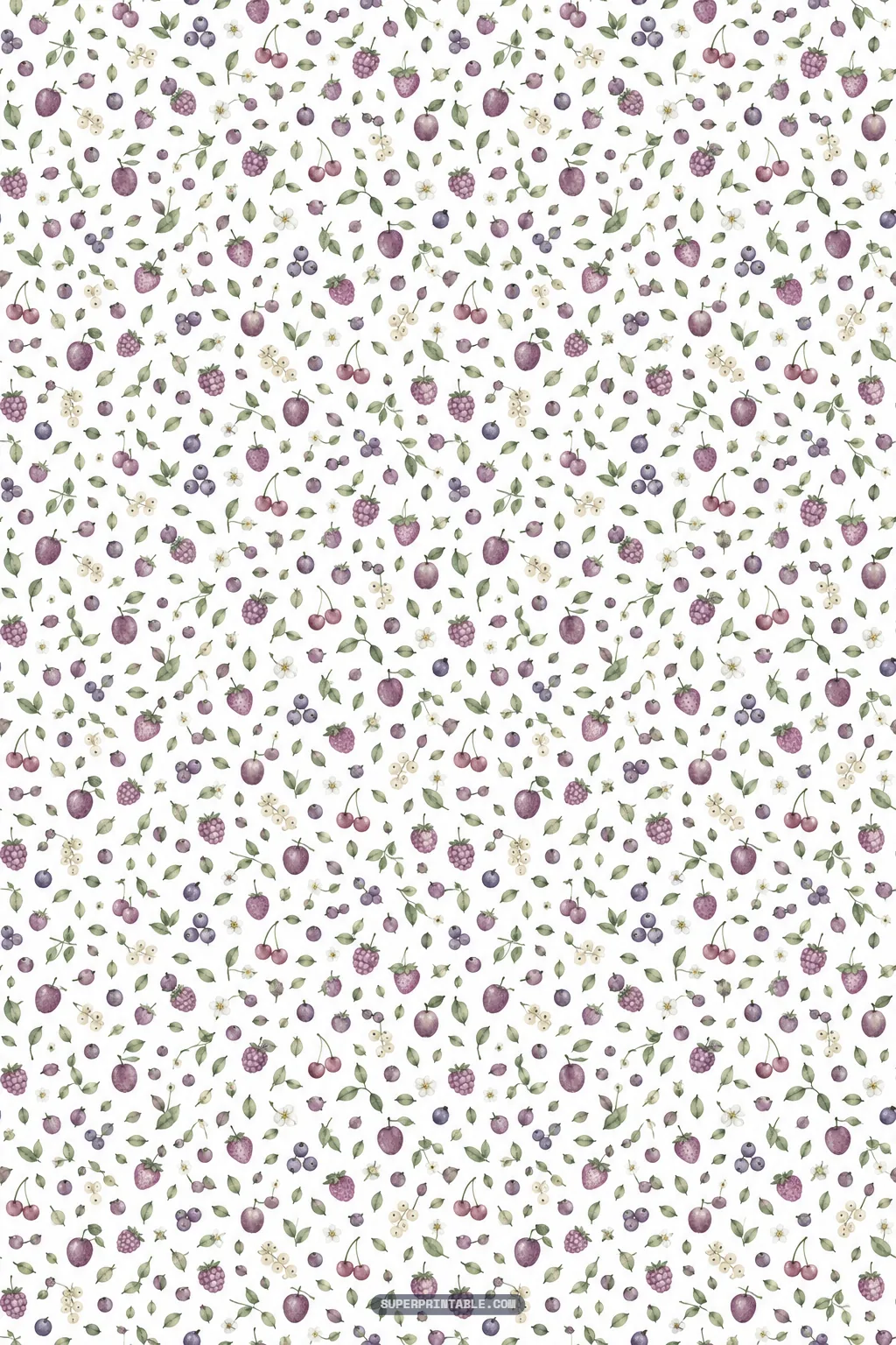 Ditsy botanical print of tiny wild berries, miniature cherries, and petite green leaves.