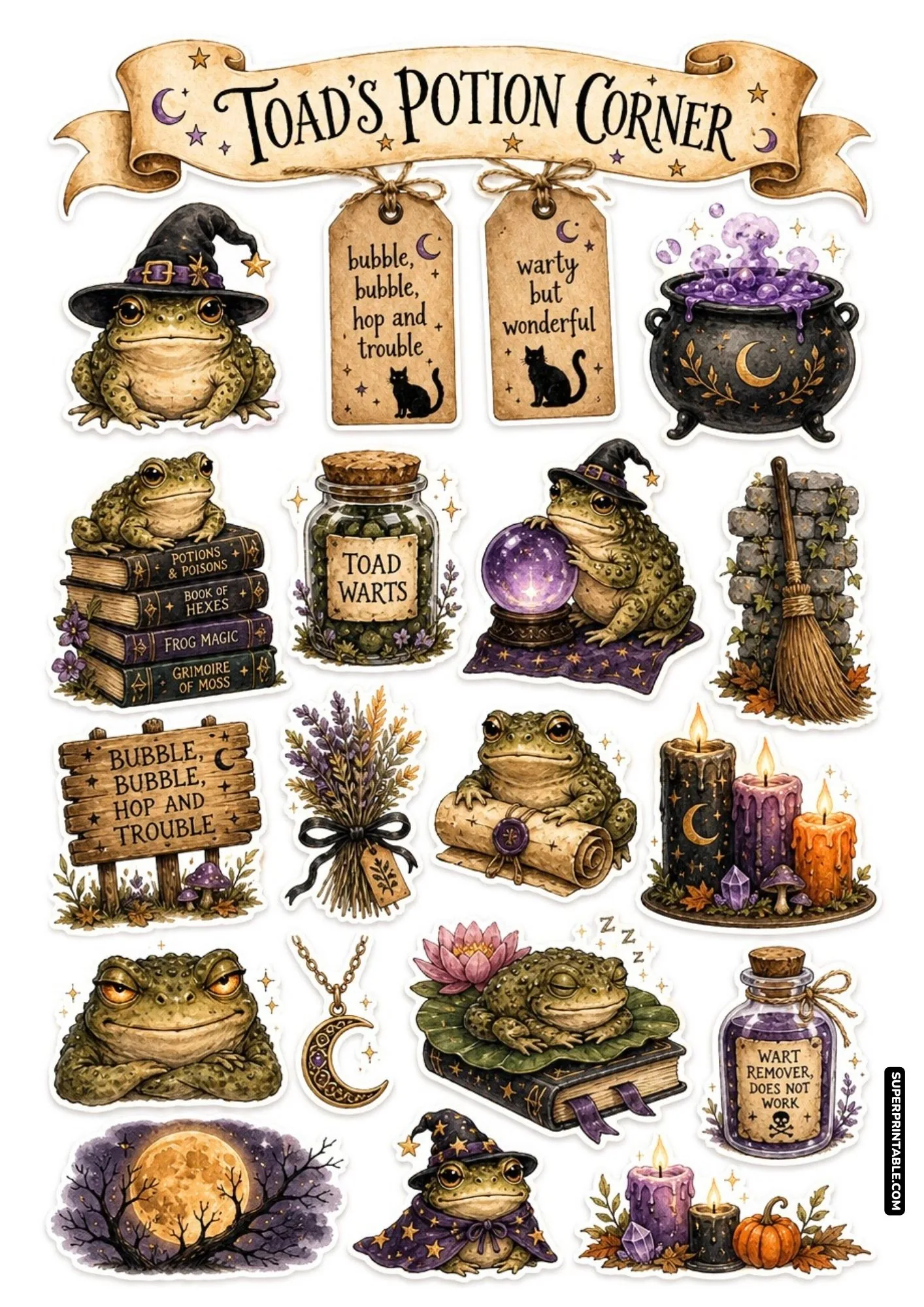 Fun toad familiar sticker sheet with bubbling purple cauldrons and magical potion ingredients.
