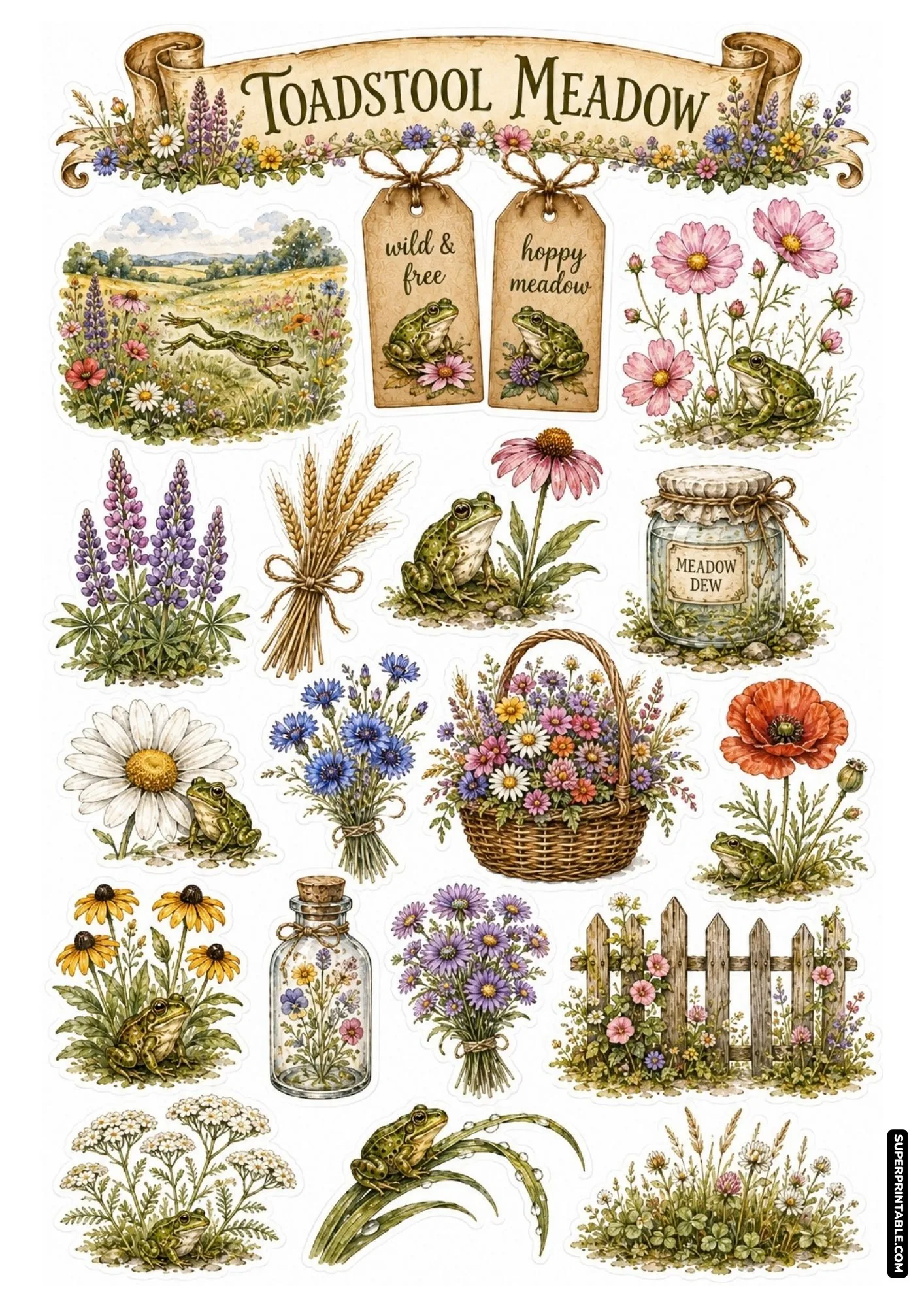 Wildflower toadstool meadow sticker sheet featuring lupines, meadow dew jar, red poppy, daisies, and frogs.