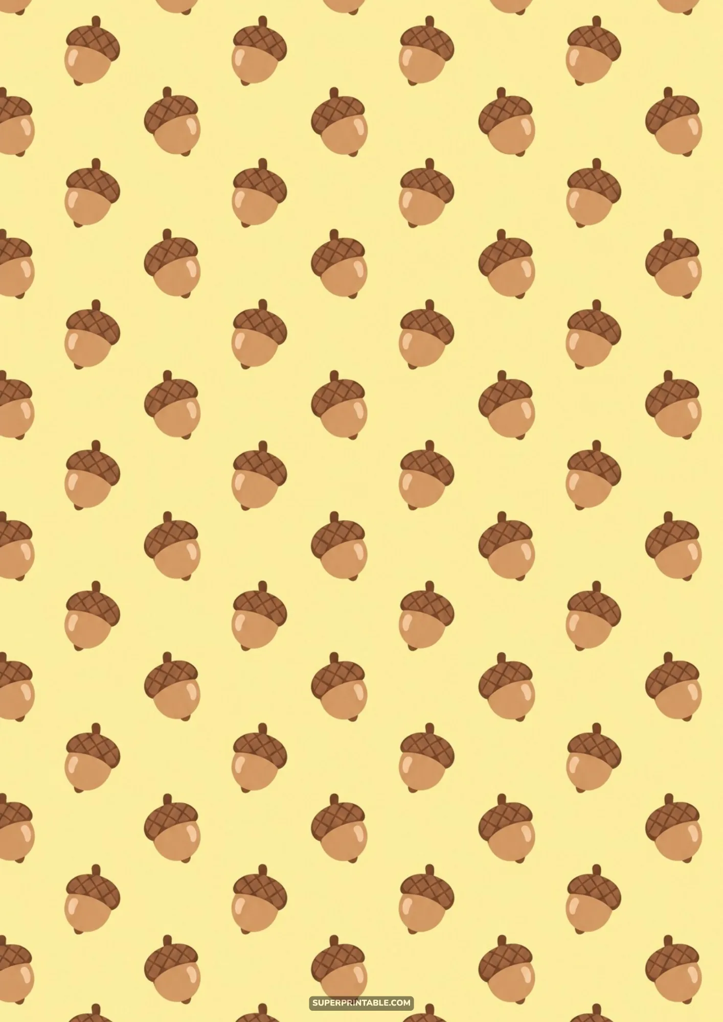 Cute tossed brown acorns with caps on a soft pastel yellow patterned paper background