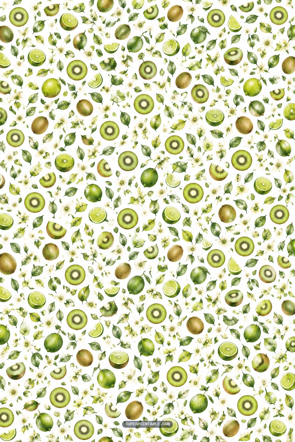 dense tossed pattern of whole kiwis, cut fruit slices, citrus limes, and flowers