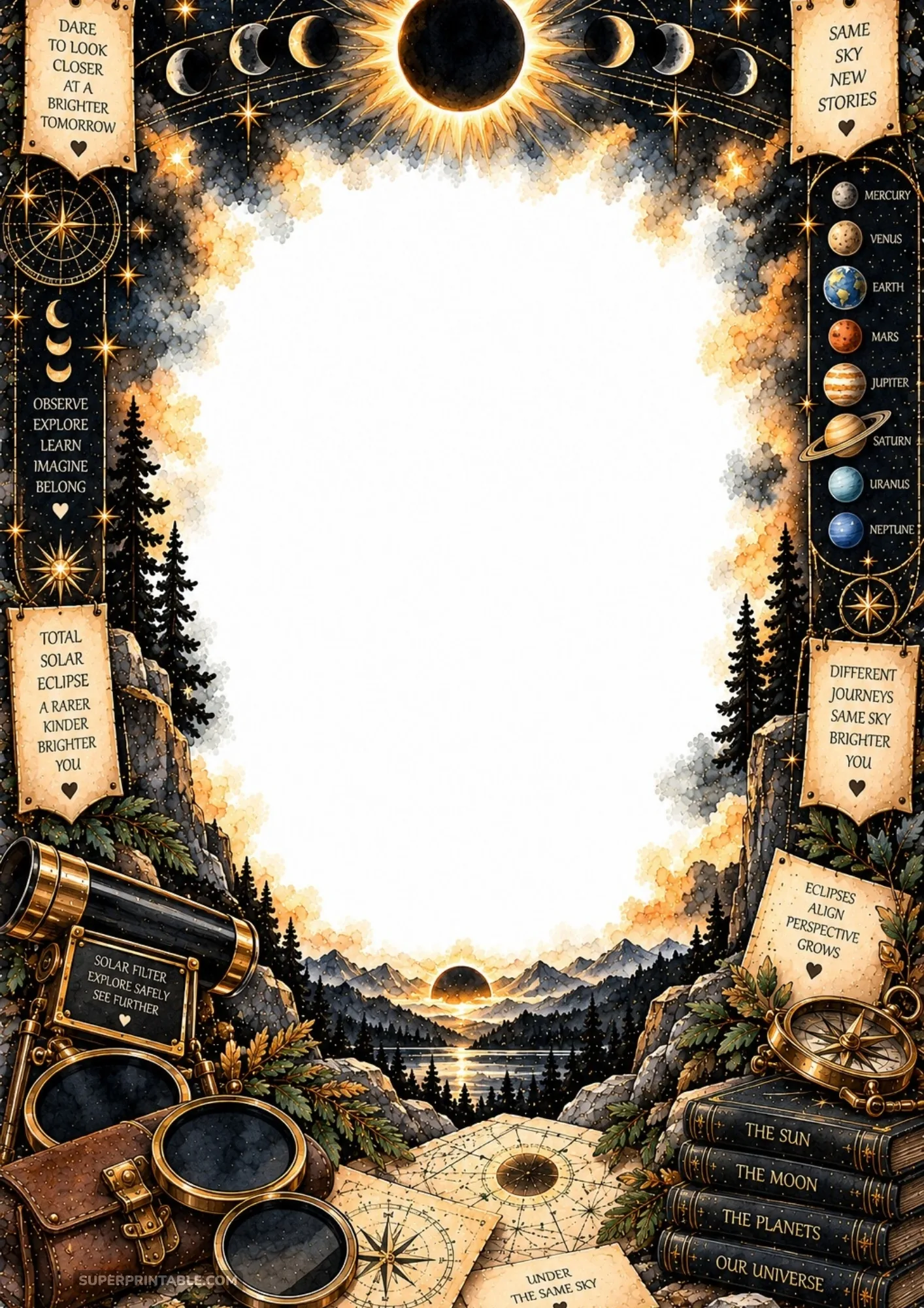 Total solar eclipse corona and mountain valley landscape framed with brass solar telescope.